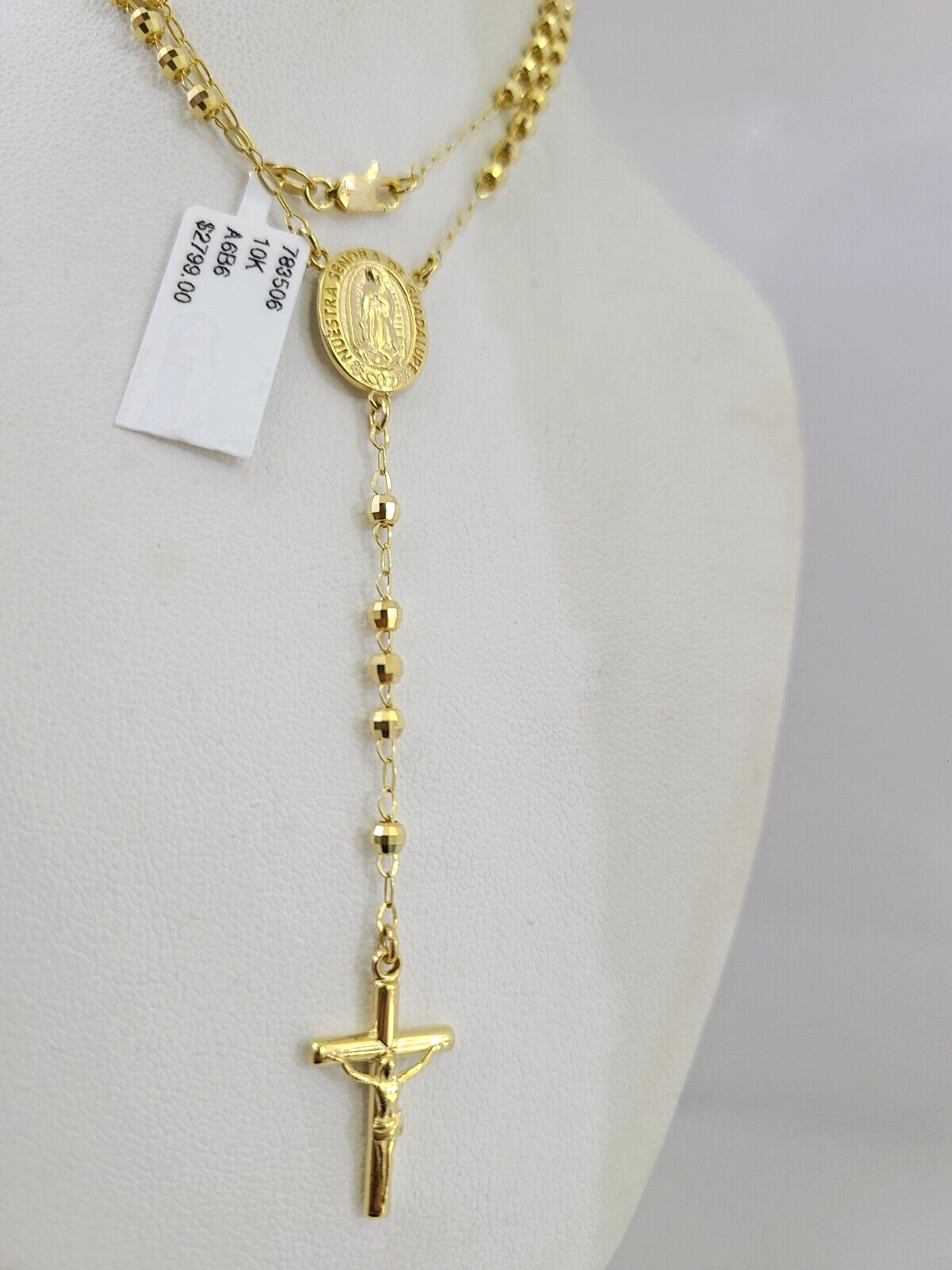 Real 14k Gold Rosary Necklace Jesus Cross Women Diamond Cut Chain 16 INCHES