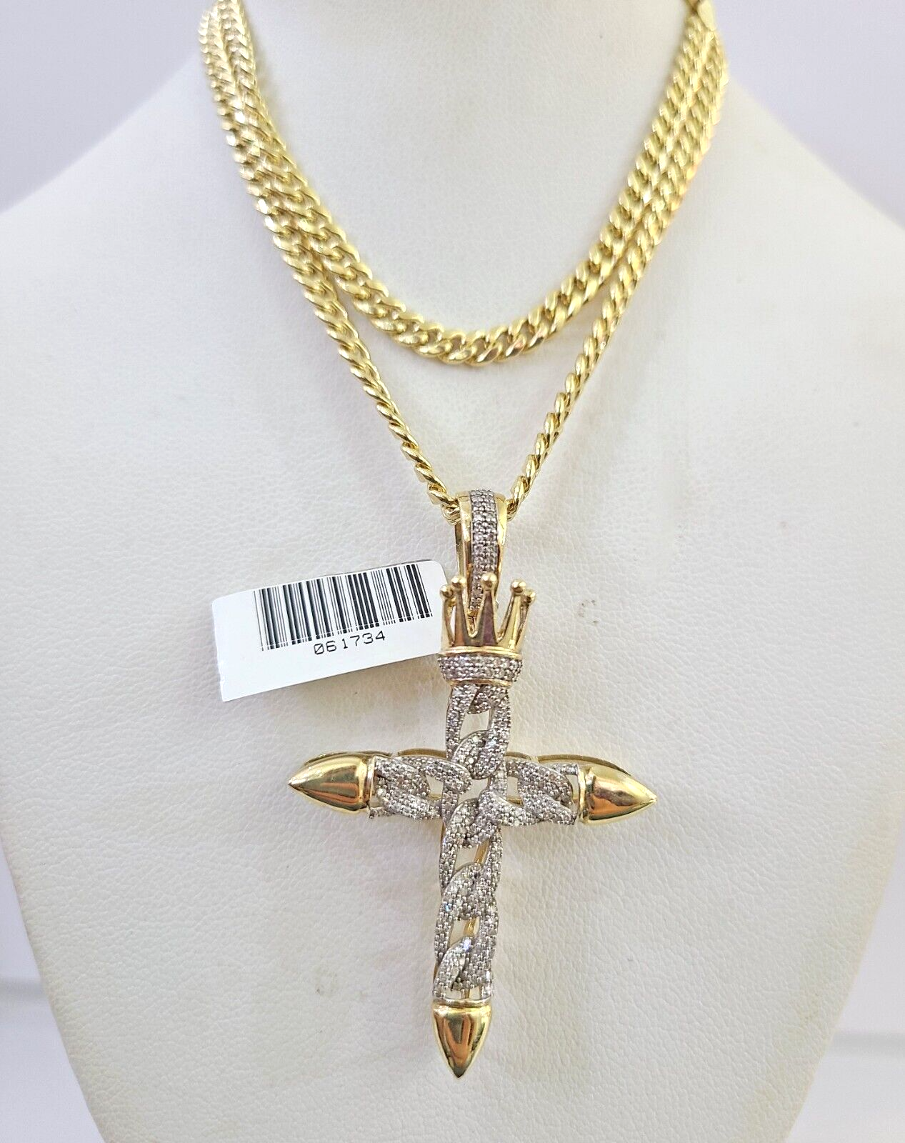 10k Miami Cuban Chain Diamond Jesus Cross Charm Set 4mm 18"-28" Necklace Gold