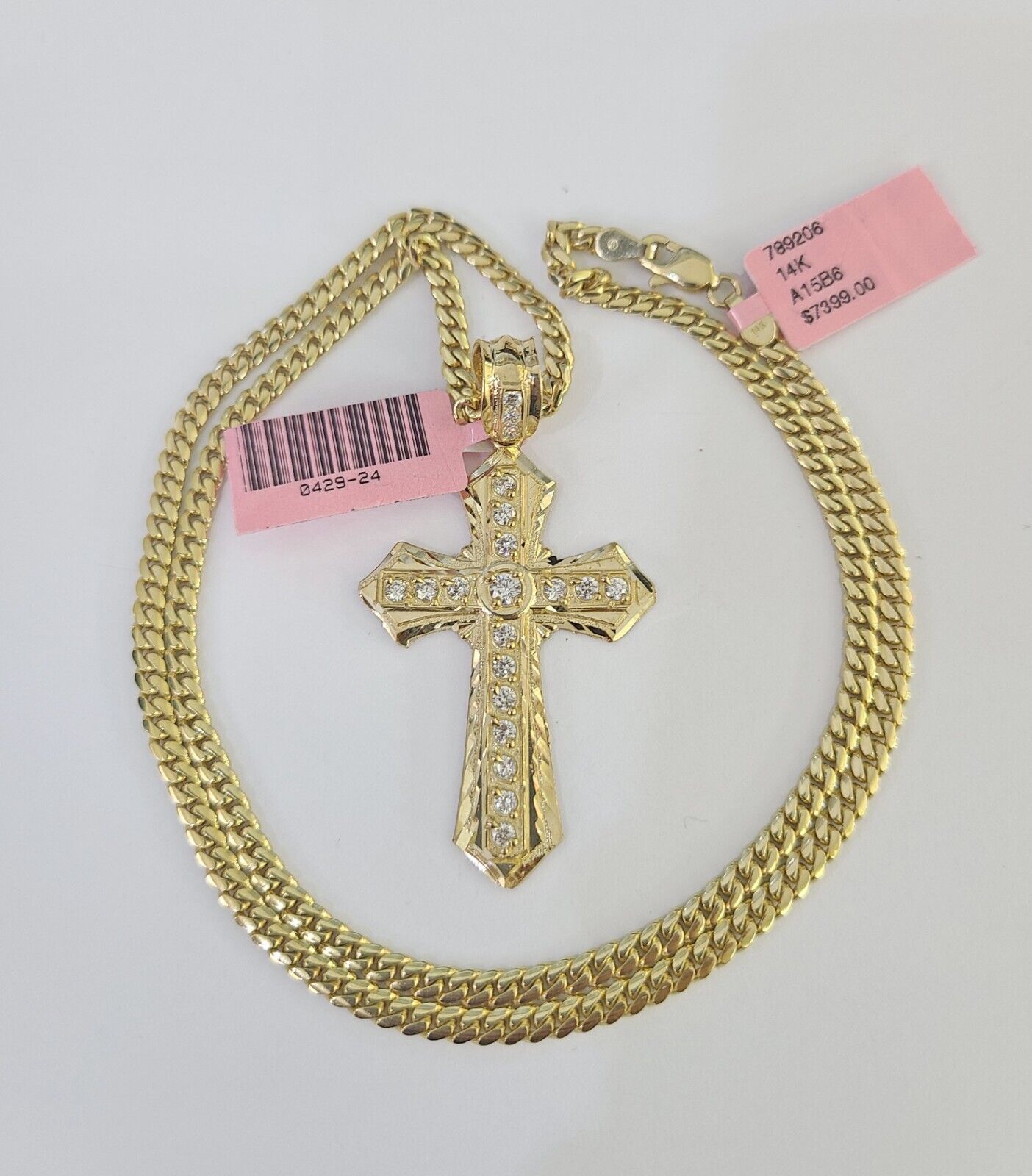 Real 14k Solid Chain Cross Charm Set Miami Cuban Link 3mm Necklace Pendant Gold