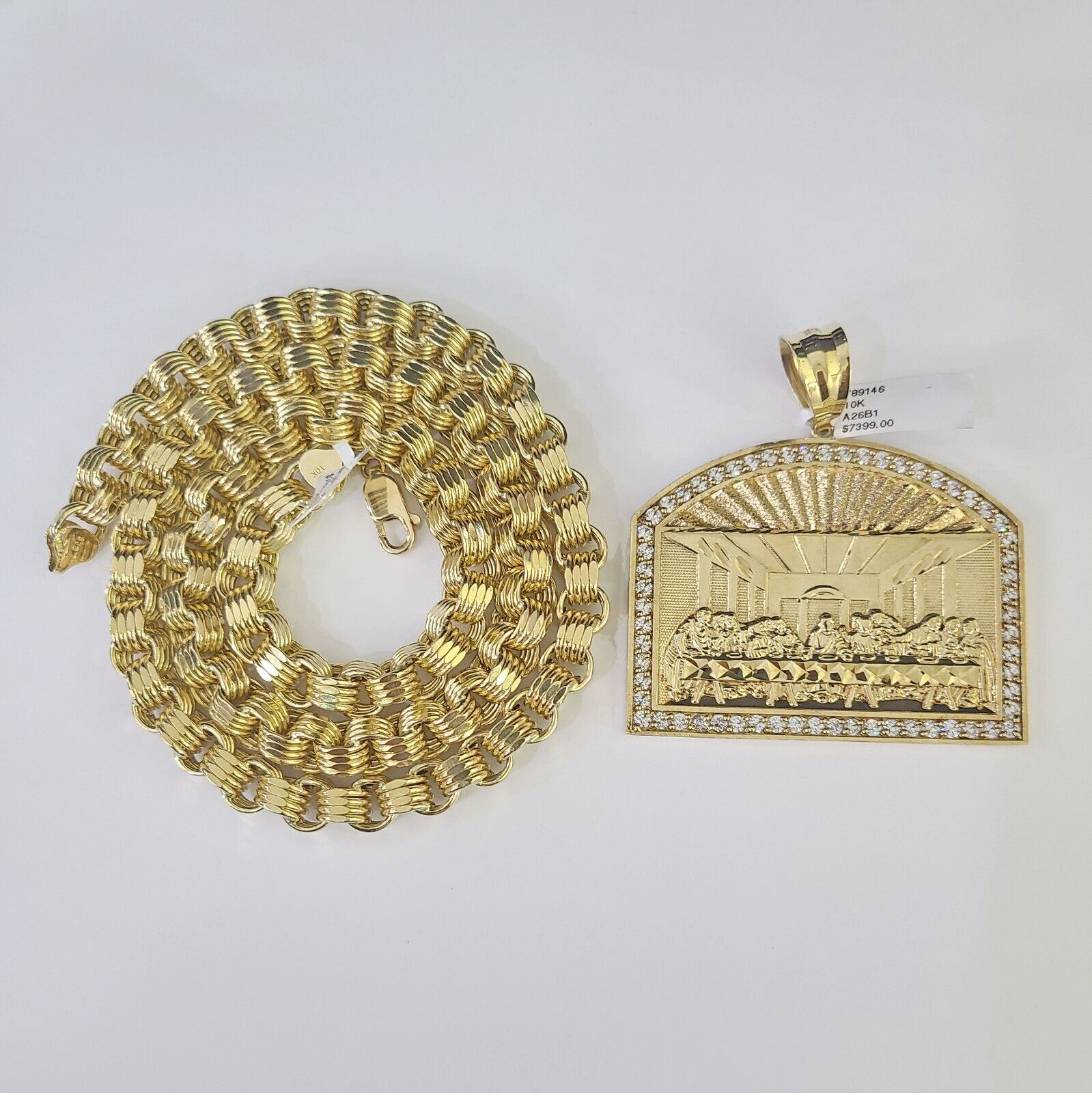 10k Gold Byzantine Necklace Last Supper Charm 20-30 inches 9mm REAL SET Chain