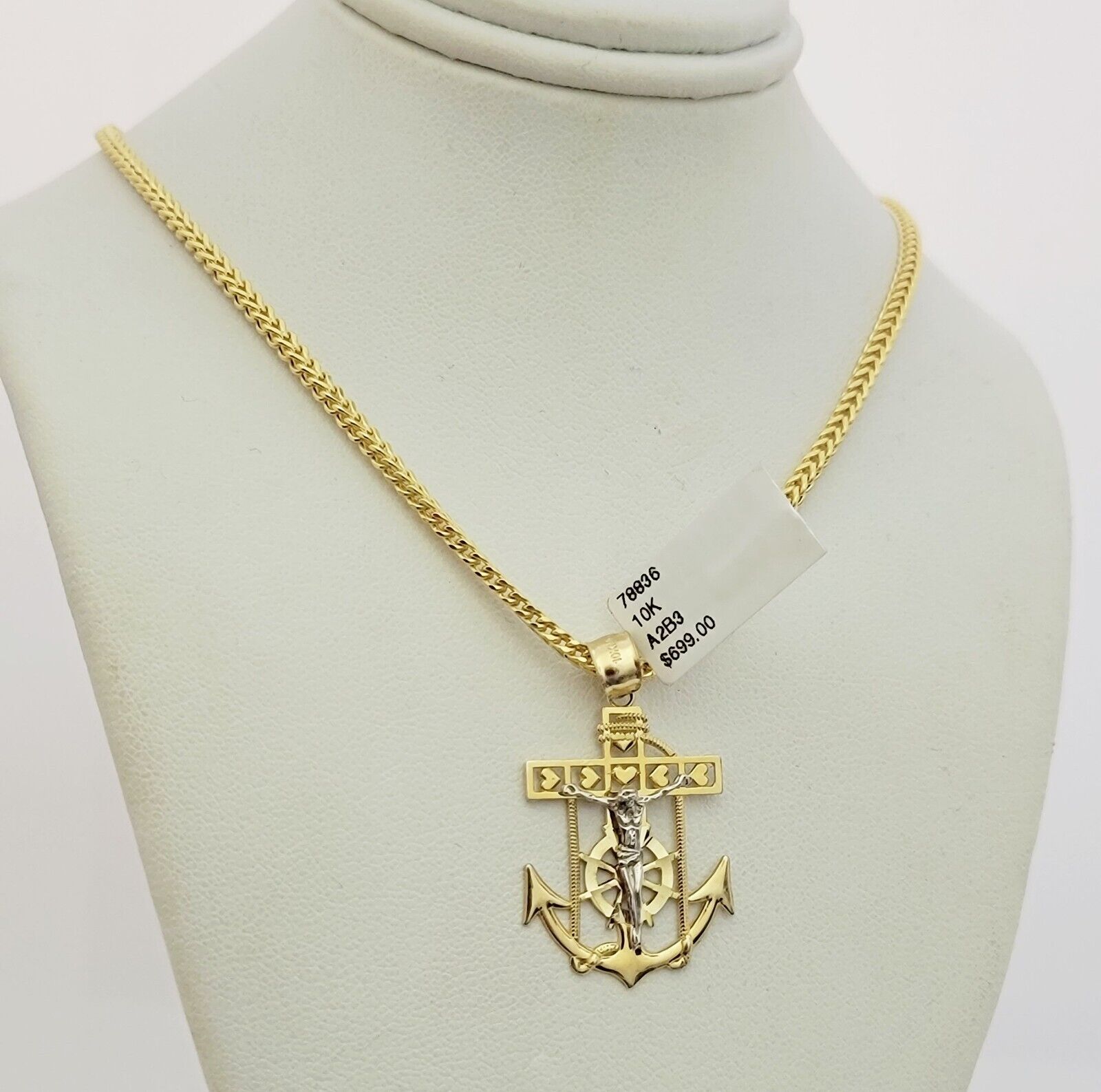 Real 10k Gold Franco Chain Anchor Cross Charm pendant Set 2.5mm Necklace 22 Inch