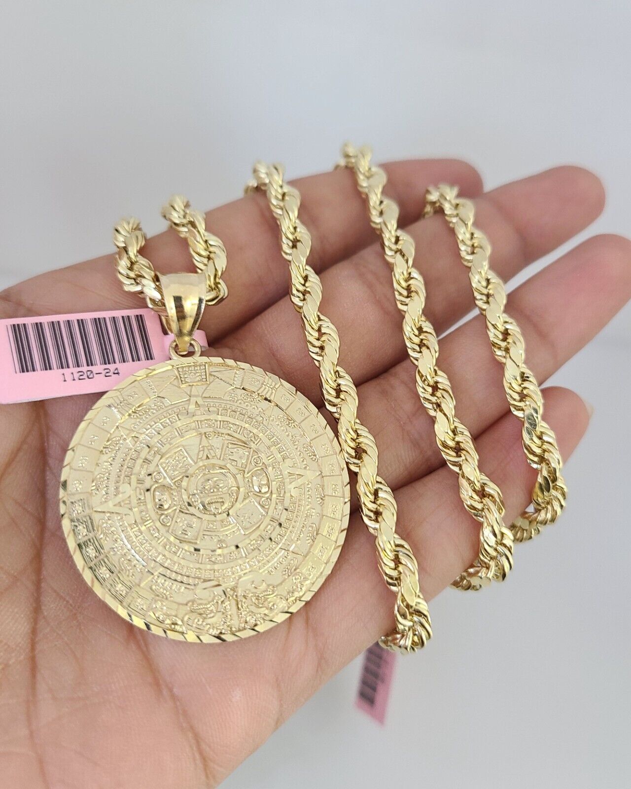14k Gold Rope Chain Necklace Set 6mm Mayan Calendar Charm Pendant 18"-28" inch