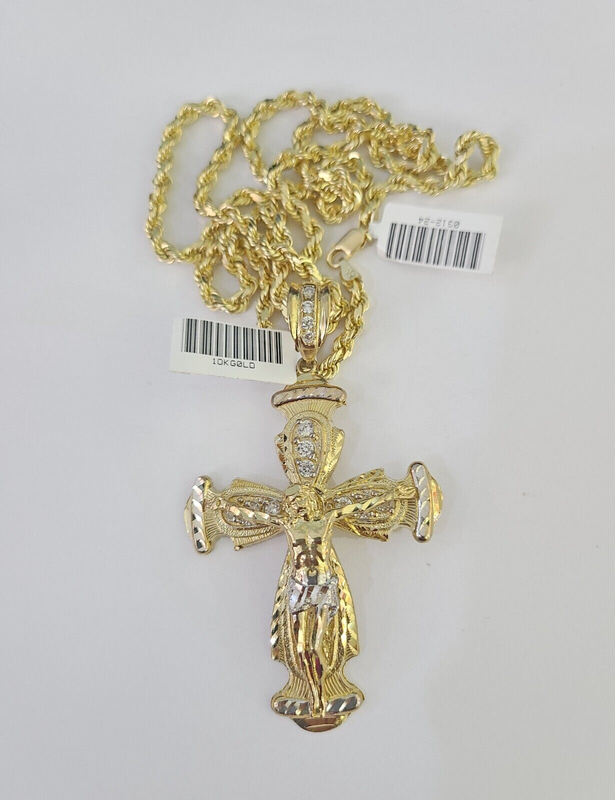 10k Solid Rope Chain Jesus Cross Charm Set 4mm 20"-28" Necklace Gold Yellow