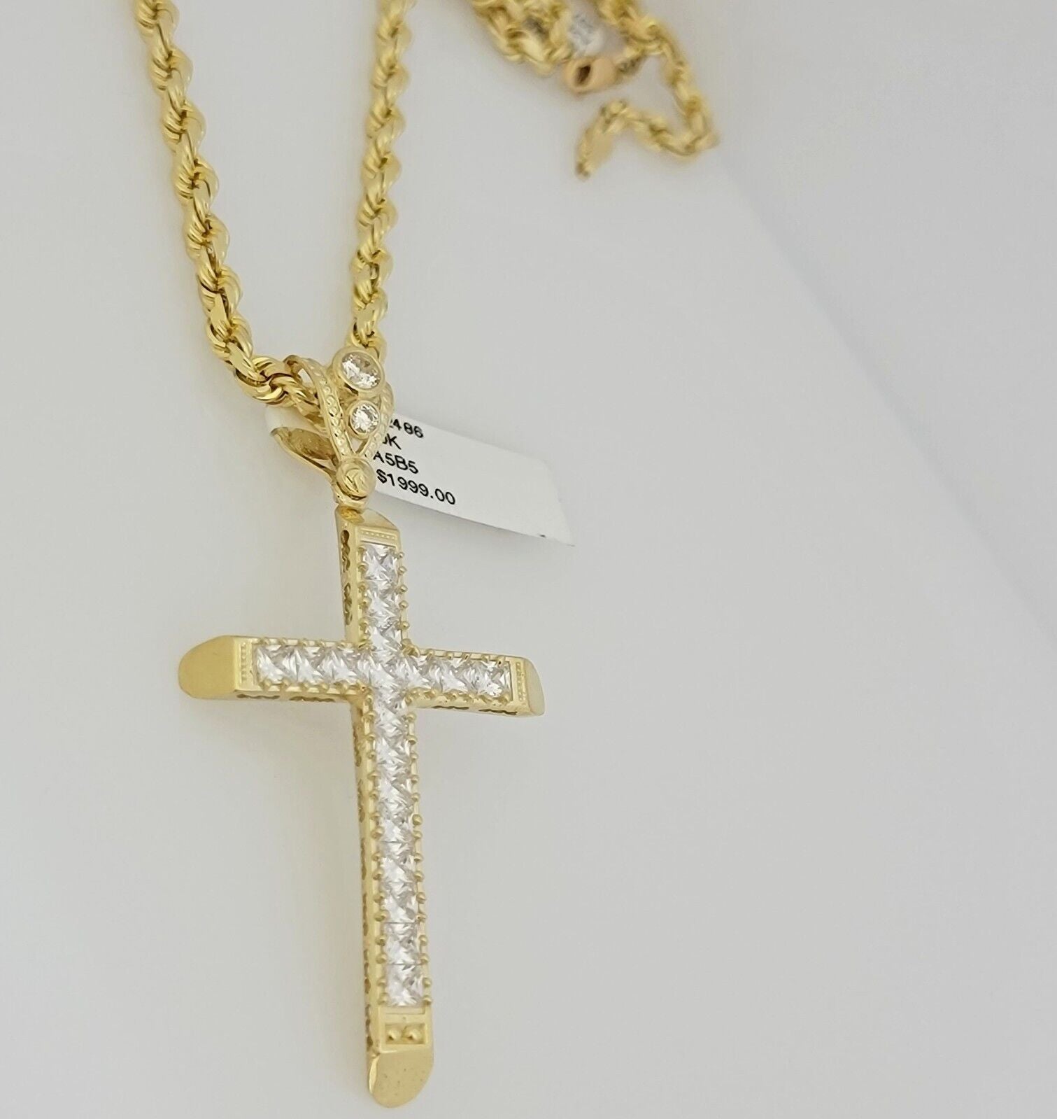 Real 10k Gold Rope Chain Cross SET Stone Charm Pendant Solid Necklace 4mm 24Inch