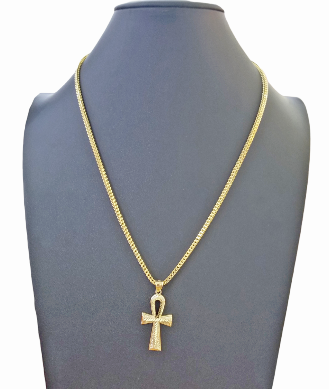 10K Gold Ankh Cross Egyptian Symbol Pendant Charm 4mm Franco Chain 22 Inch