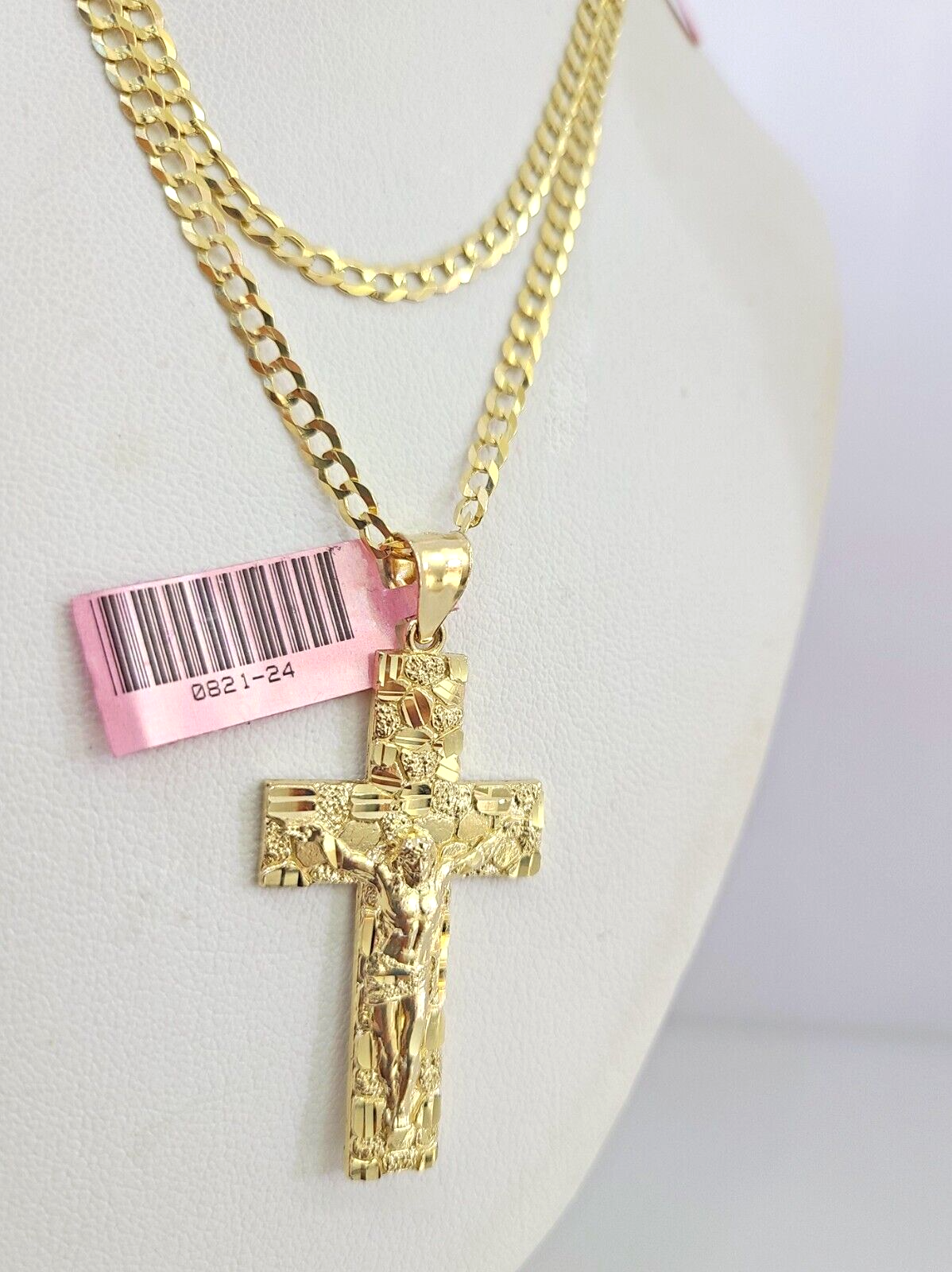 Real 14k Gold Chain Jesus Cross Pendant Set 14kt Cuban Curb Chain 4mm Charm