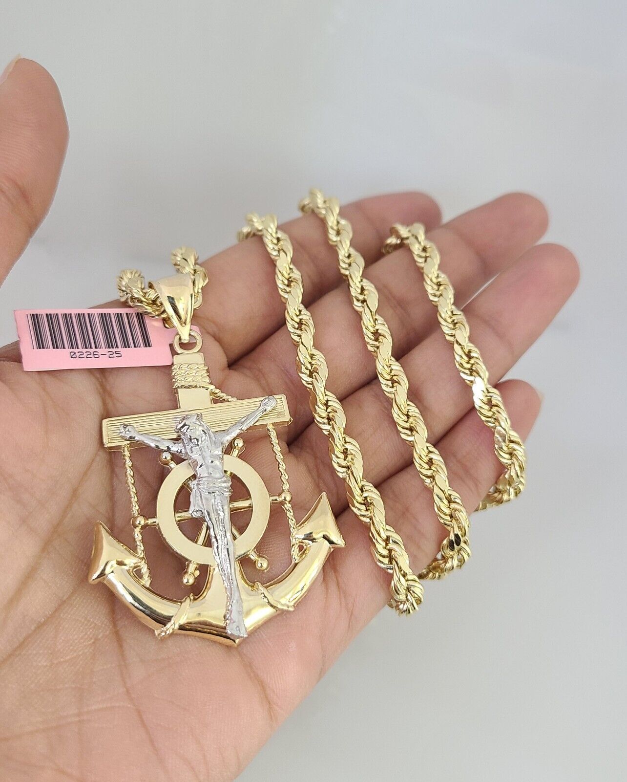 14k Gold Rope Chain Necklace Set 6mm Jesus Anchor Charm Pendant 18"-28" inch