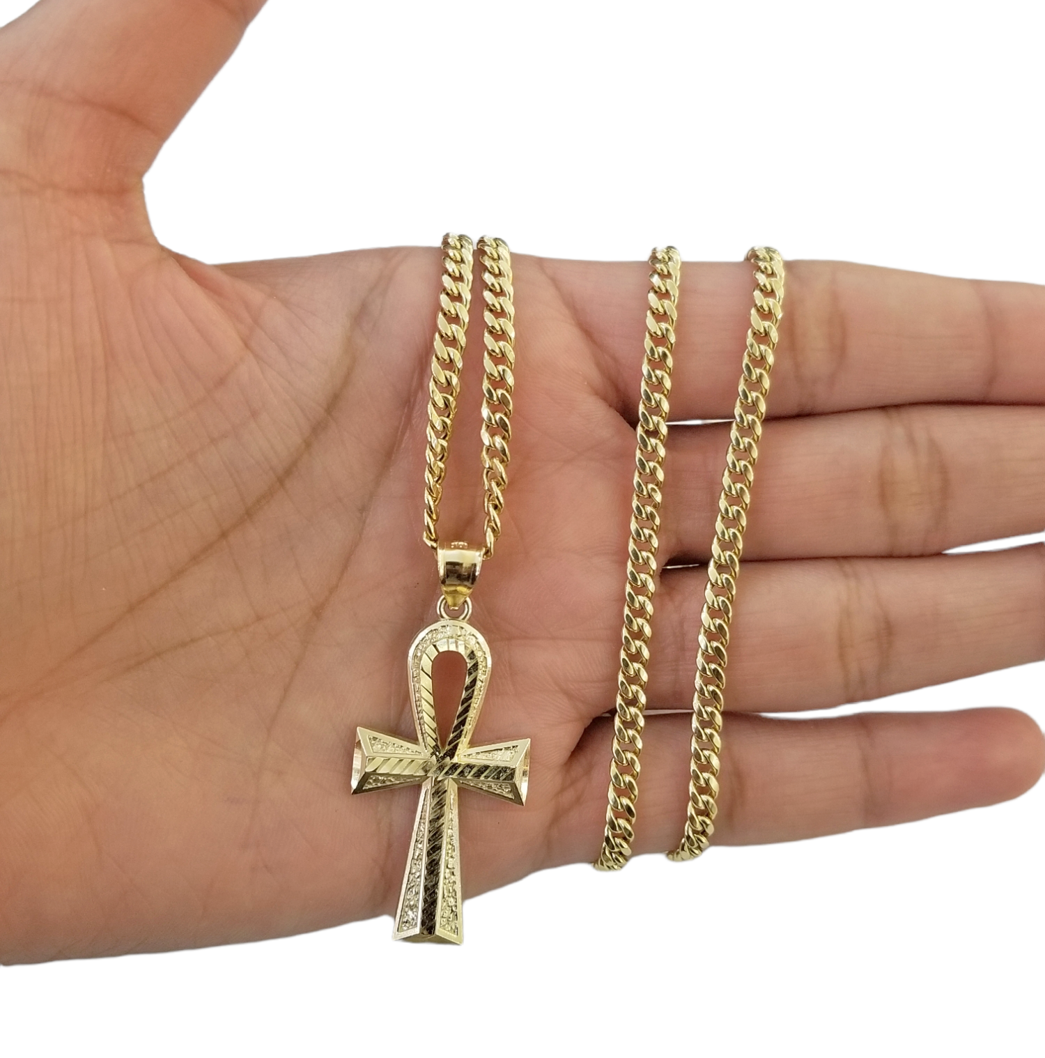10K Gold Ankh Cross Egyptian Symbol Pendant Charm 4mm Cuban Link Chain 26" Inch