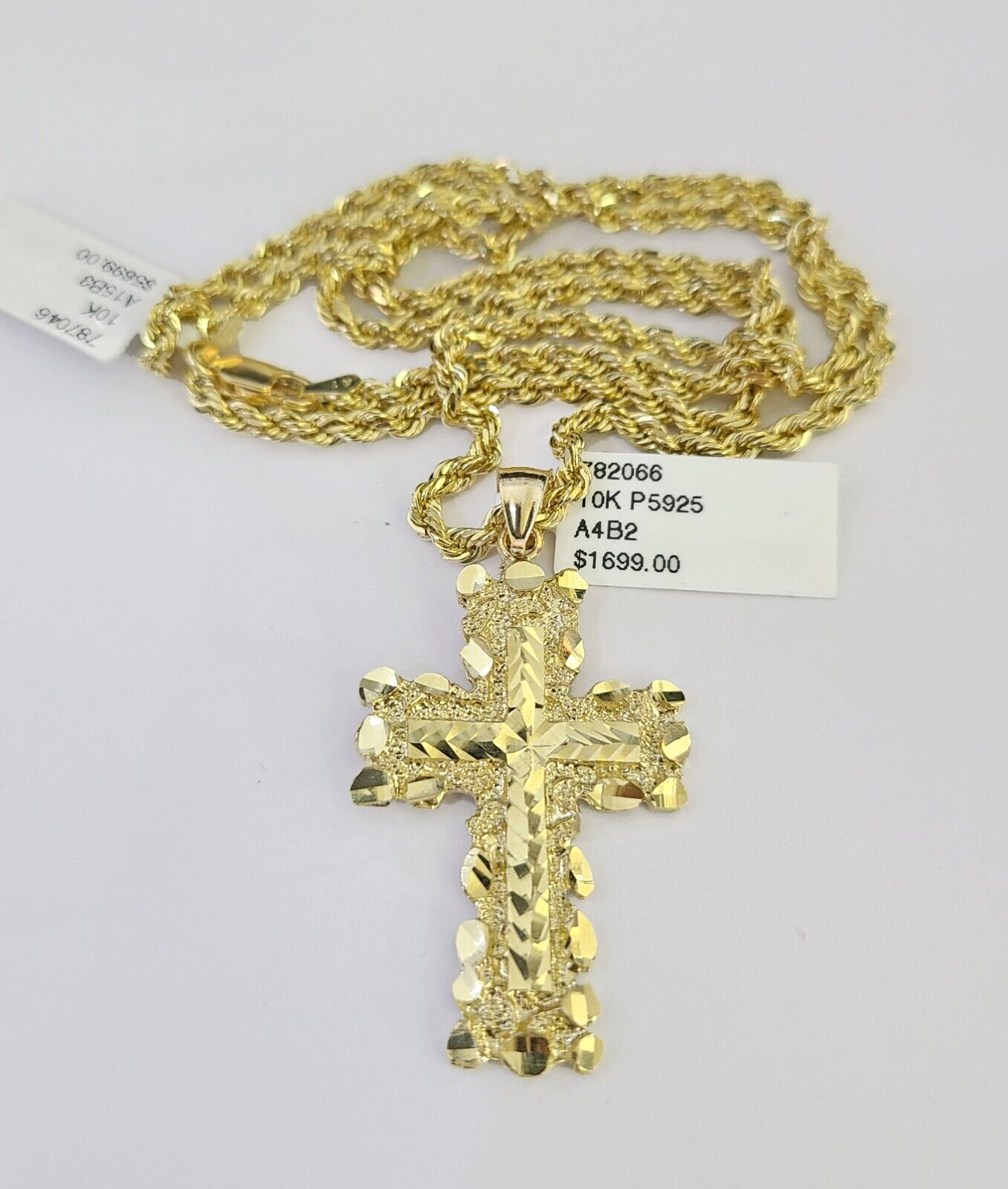 10k Solid Rope Chain 3mm Jesus Cross Necklace Pendant Charm SET 18-26 in