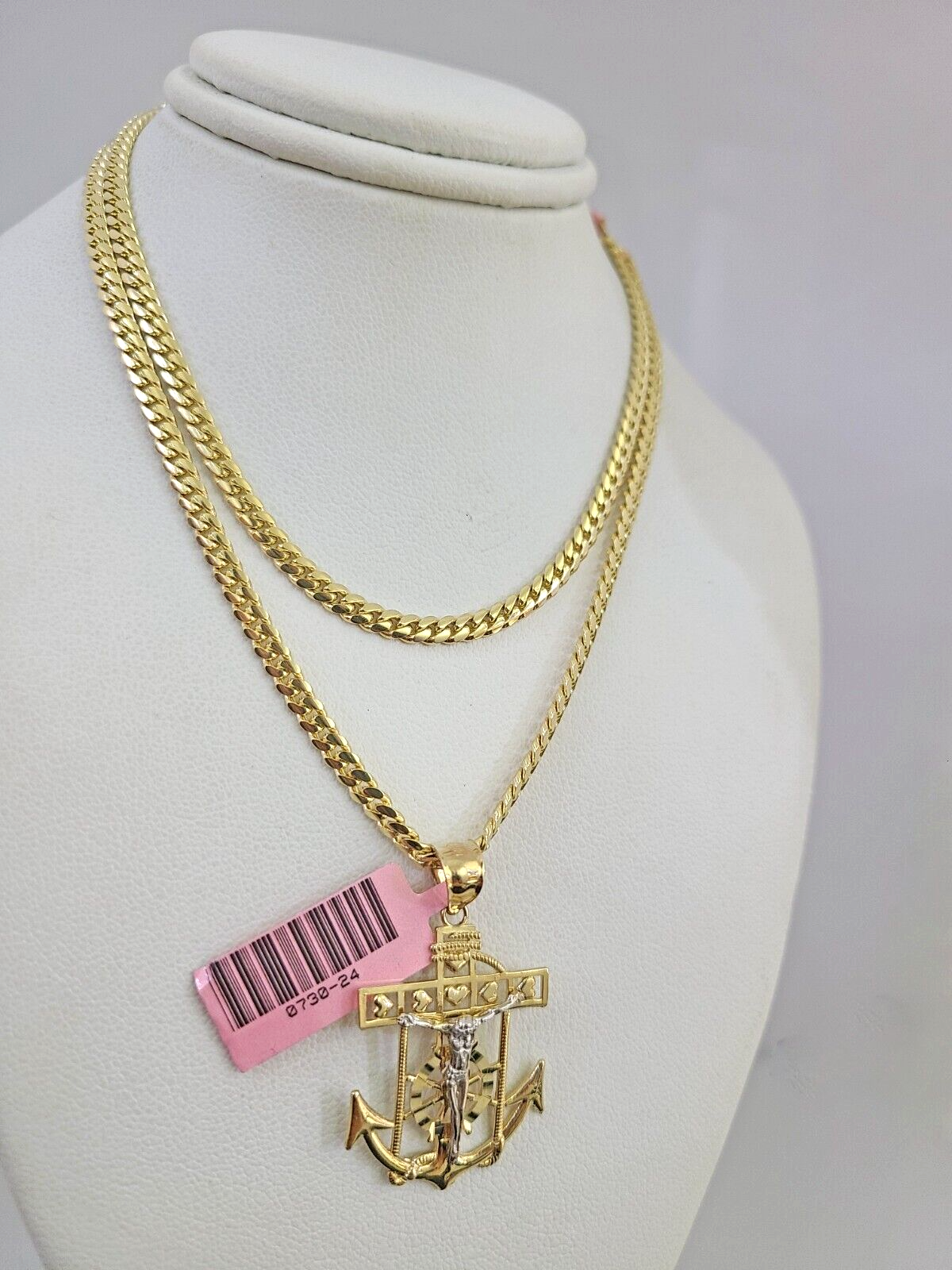 14k Gold Solid Chain Jesus Anchor Pendant Set 14kt Miami Cuban Link 3mm Charm