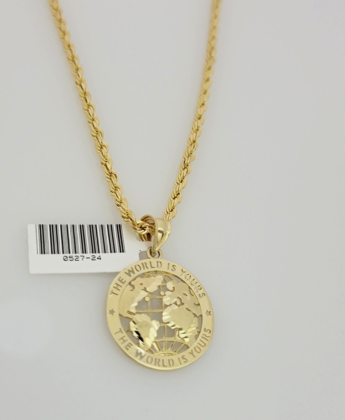 Real 10k Gold Chain Pendant SET World Is Your Charm  Rope Necklace 3mm 24 Inch