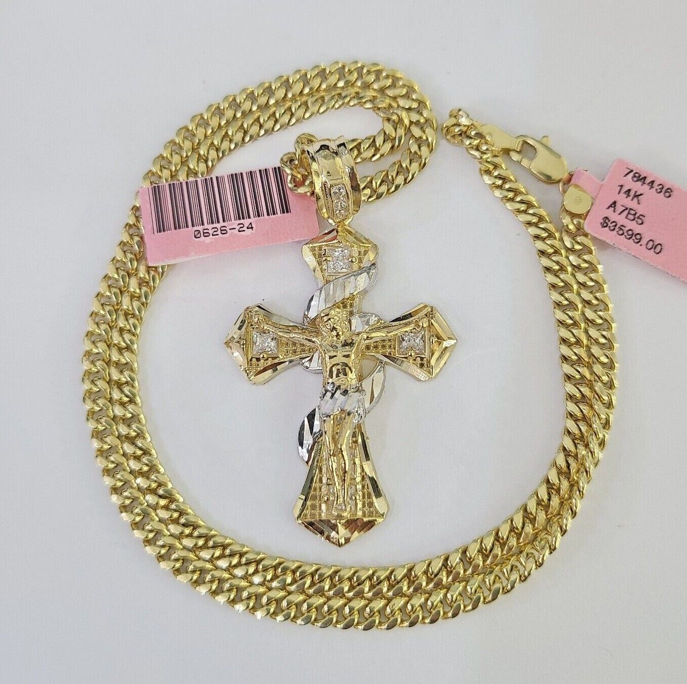 Real 14k Chain Cross Charm Set Miami Cuban Link 4mm Necklace Pendant 20"