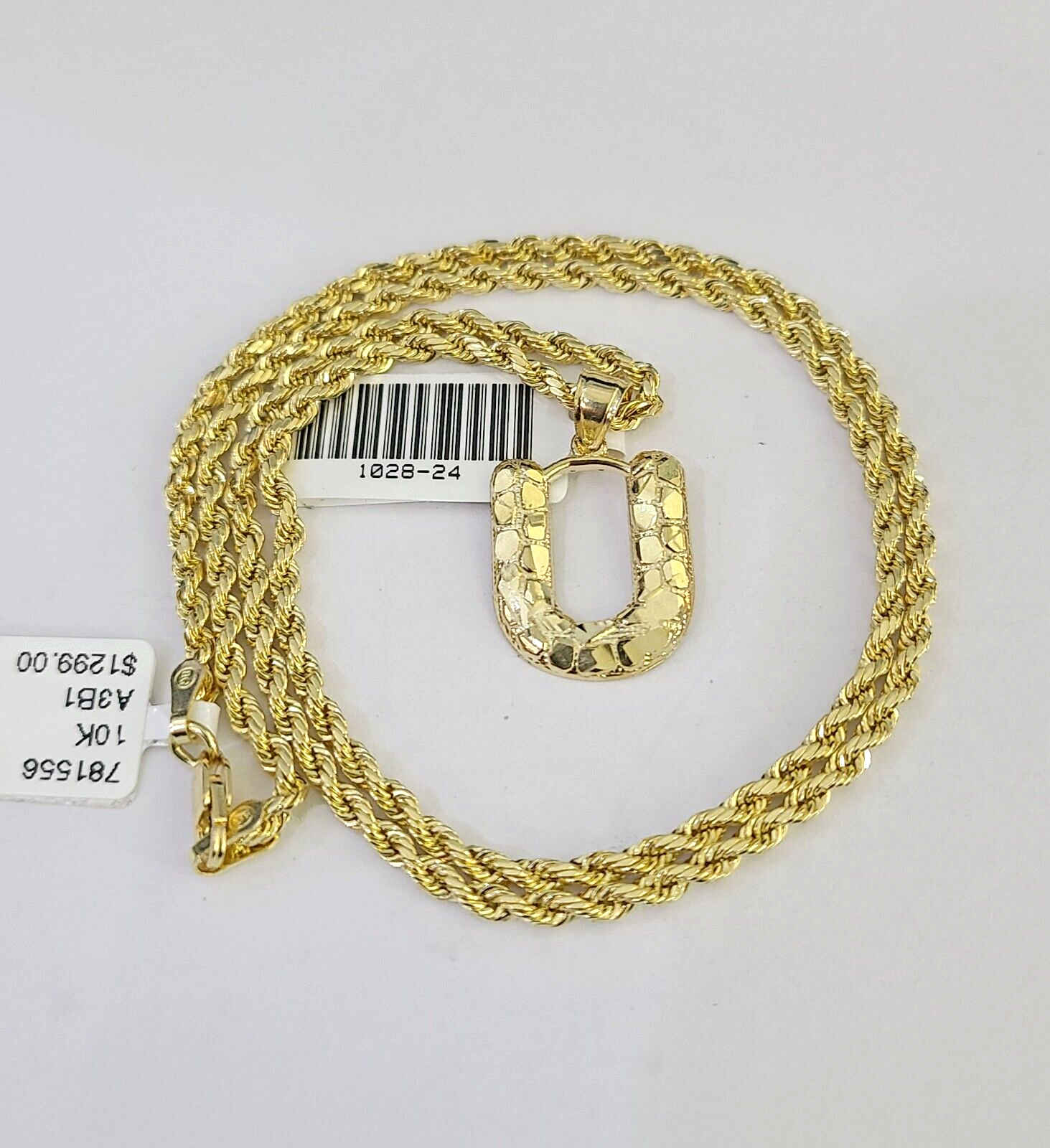 10k Gold Initial U Charm Rope Chain 16"-26" 2.5mm SET Necklace Alphabet Pendant