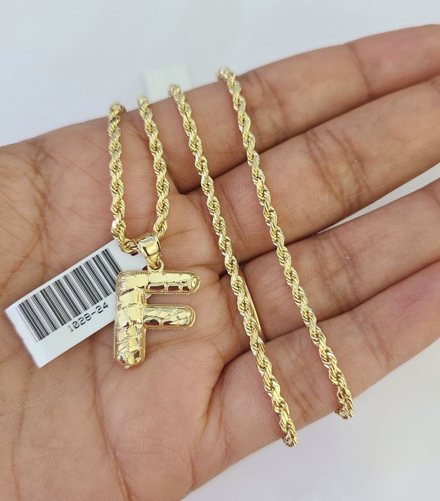 10k Gold Initial F Charm Rope Chain 16"-26" 2.5mm SET Necklace Alphabet Pendant