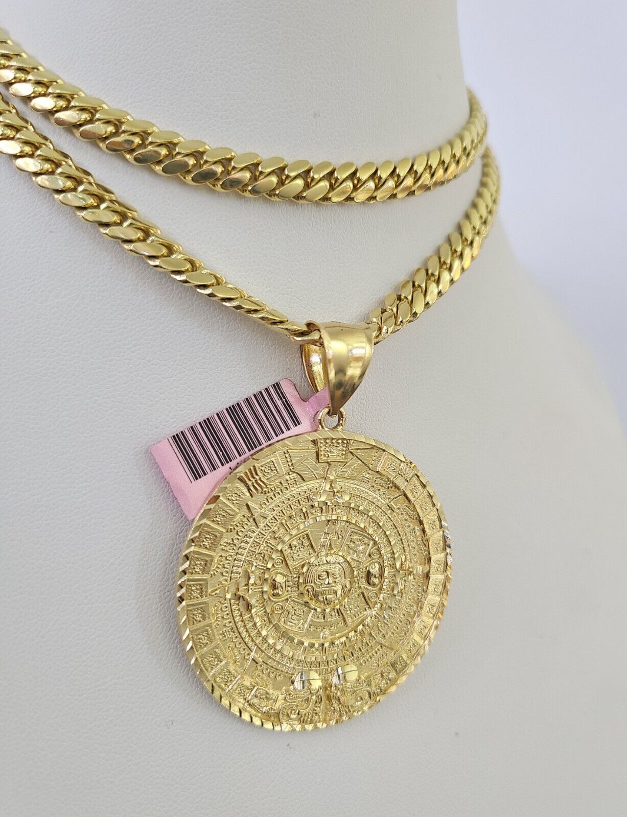 Real 14k Solid Chain Mayan Calendar Charm Set Miami Cuban Link 6mm Necklace