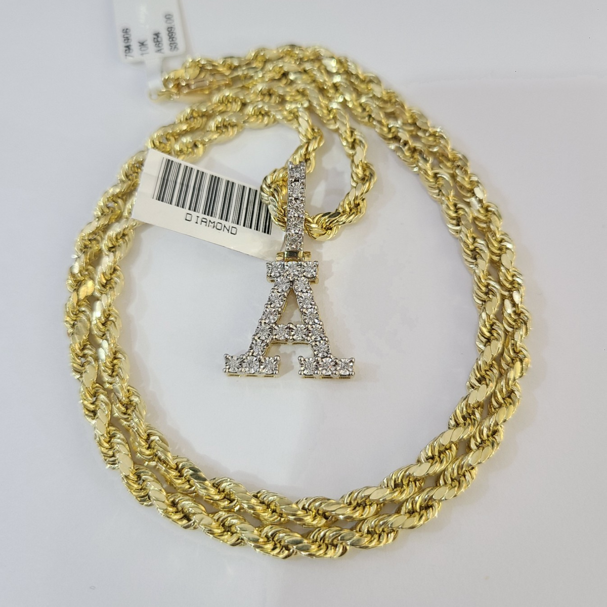 10k Rope Chain A Diamond Initial Charm Necklace Pendant Set 4mm 20