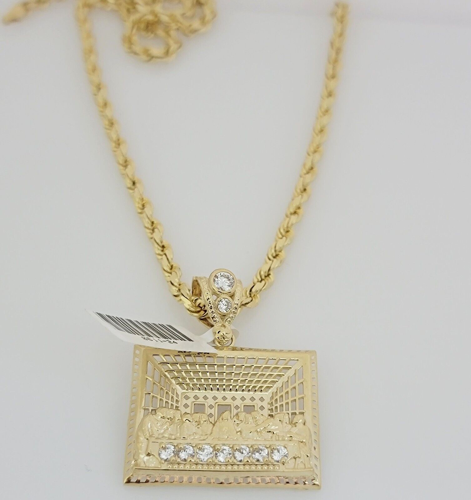 Real 10k Gold Chain Pendant SET Last Supper Charm Solid Rope Necklace 4mm 24Inch