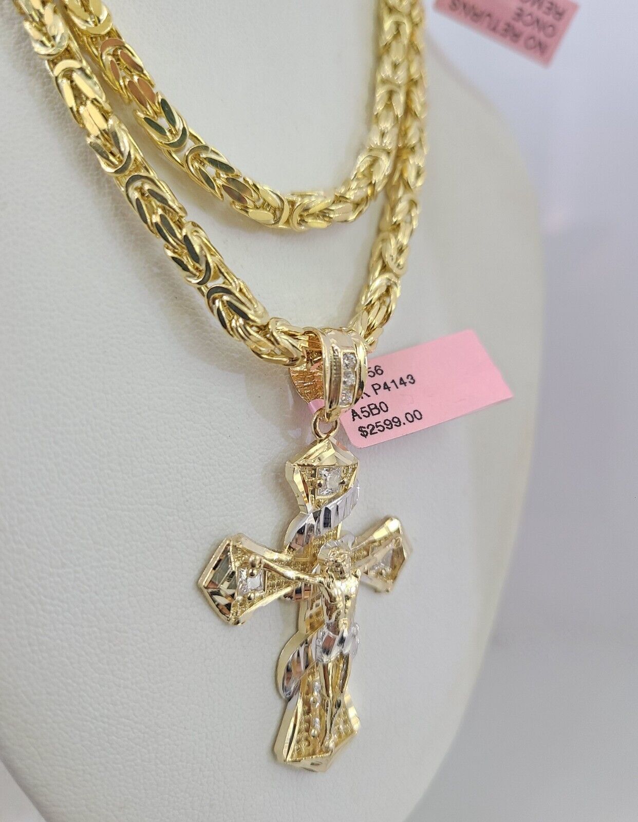 14K Gold Necklace Chain Jesus Spiral Cross Charm Turkish Byzantine 4mm 24"