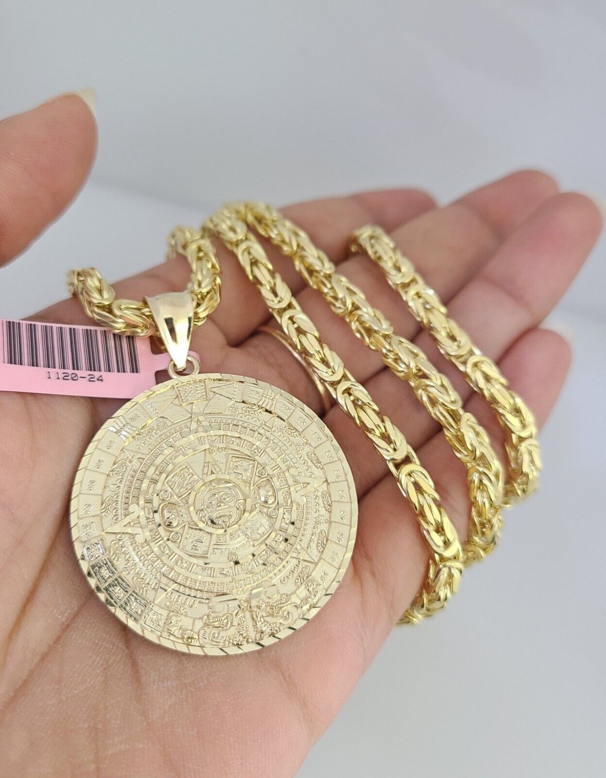 14K Gold Necklace Chain Mayan Calendar Charm Turkish Byzantine 4mm 24" Pendant