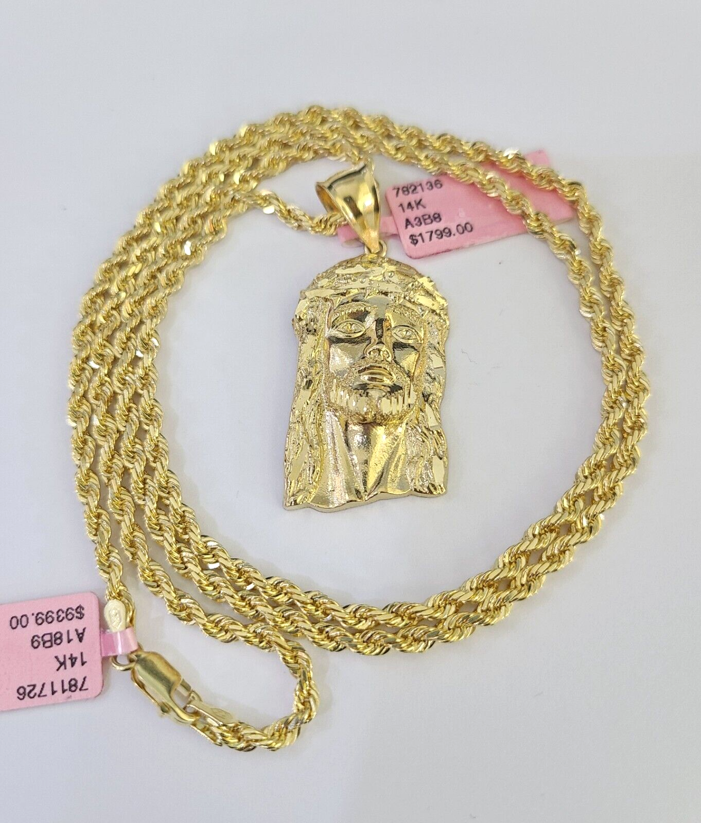 Real 14k Solid Rope Chain Jesus Head Charm Set 3mm 18"-26" Necklace Yellow Gold