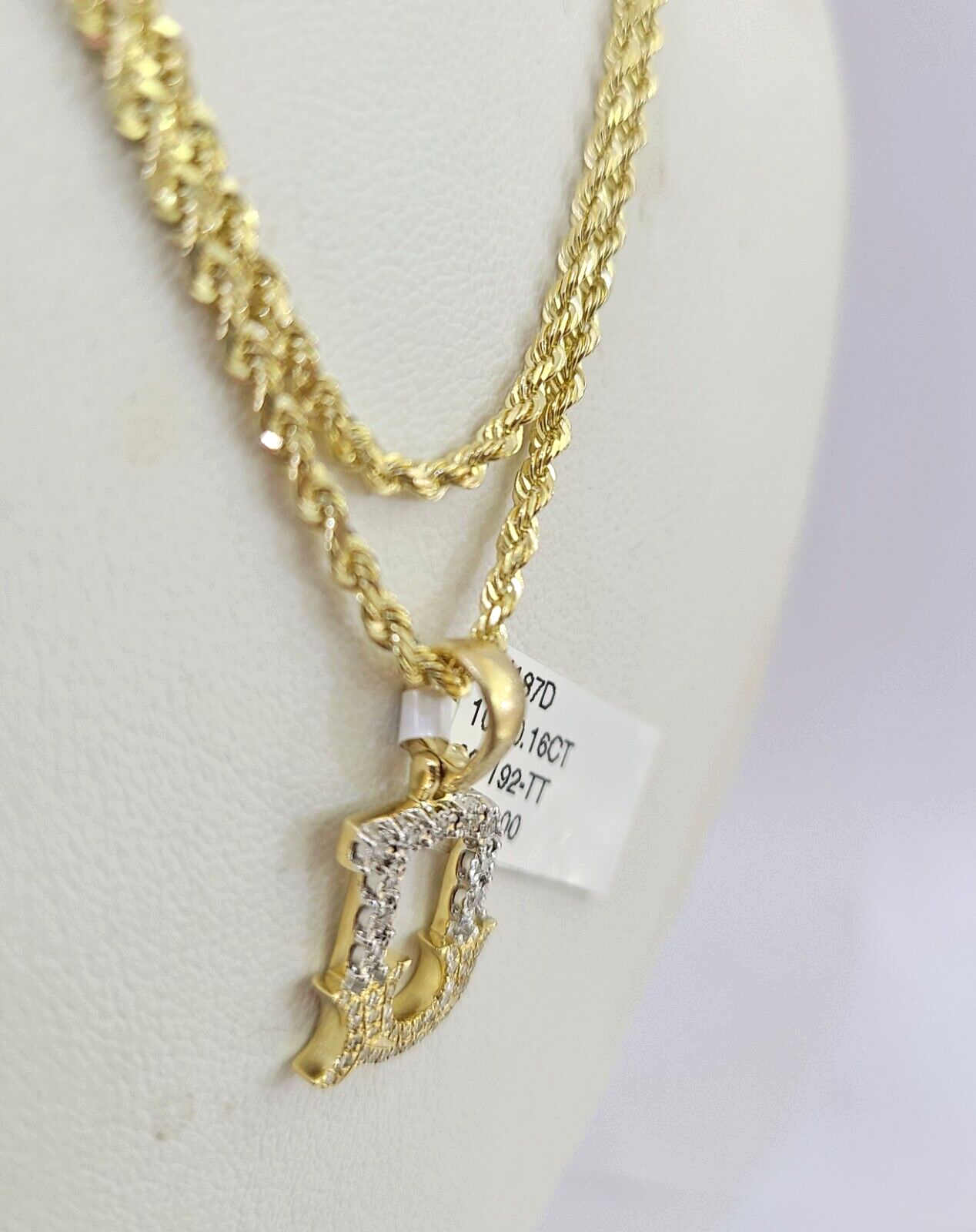 10k Solid Rope Chain 2mm D Initial Diamond Pendant Charm Necklace SET 18-22 in