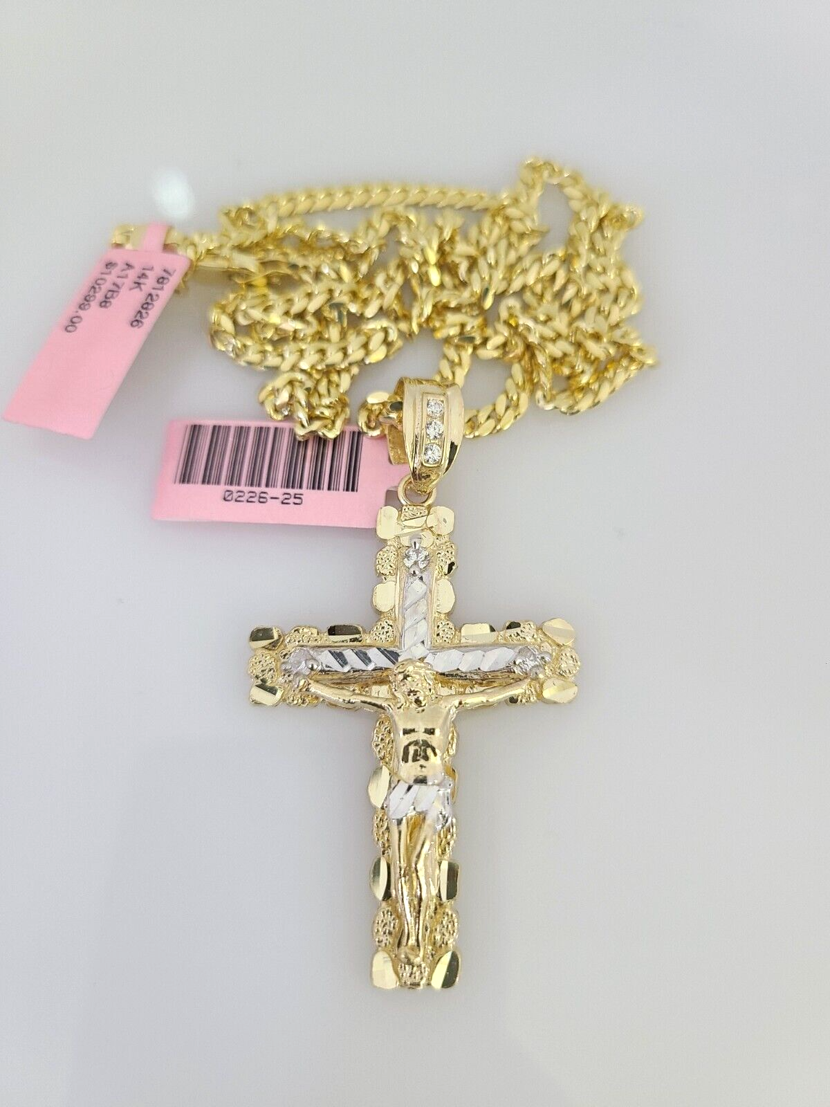 14k Gold Solid Chain Nugget Cross Pendant Set 14kt Miami Cuban Link 3mm Charm