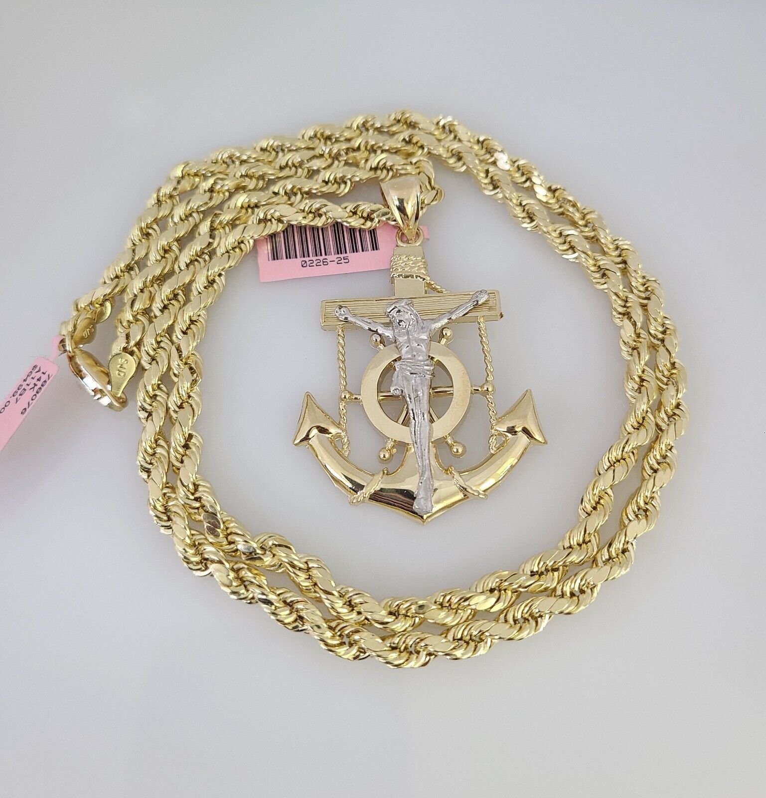 14k Gold Rope Chain Necklace Set 6mm Jesus Anchor Charm Pendant 18"-28" inch