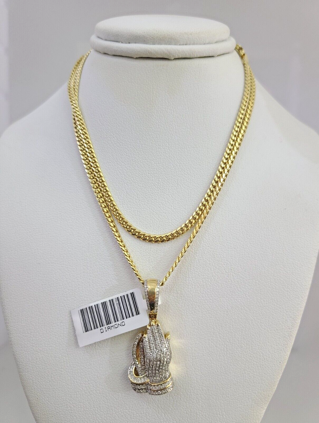 10K Solid Gold Miami Cuban Chain SET Diamond Praying Hands Charm 18"-26" 2.5mm