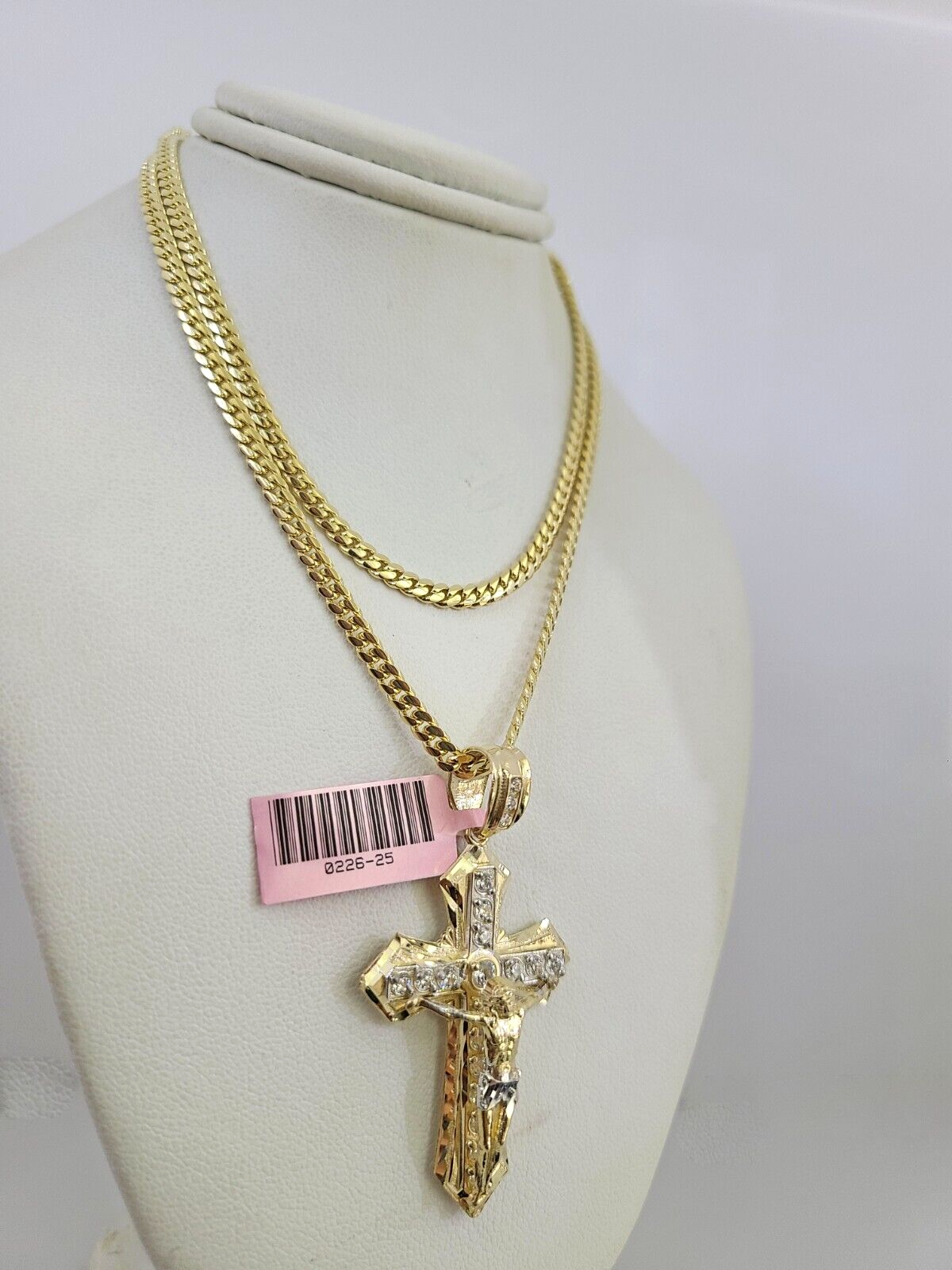 14k Gold Solid Chain Jesus Cross Pendant Set 14kt Miami Cuban Link 3mm Charm