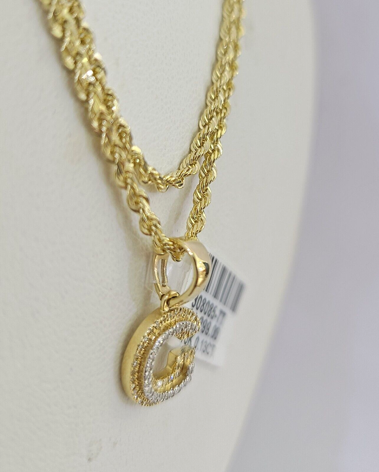 10k Solid Rope Chain 2mm G Initial Diamond Pendant Charm Necklace SET 18-22 in