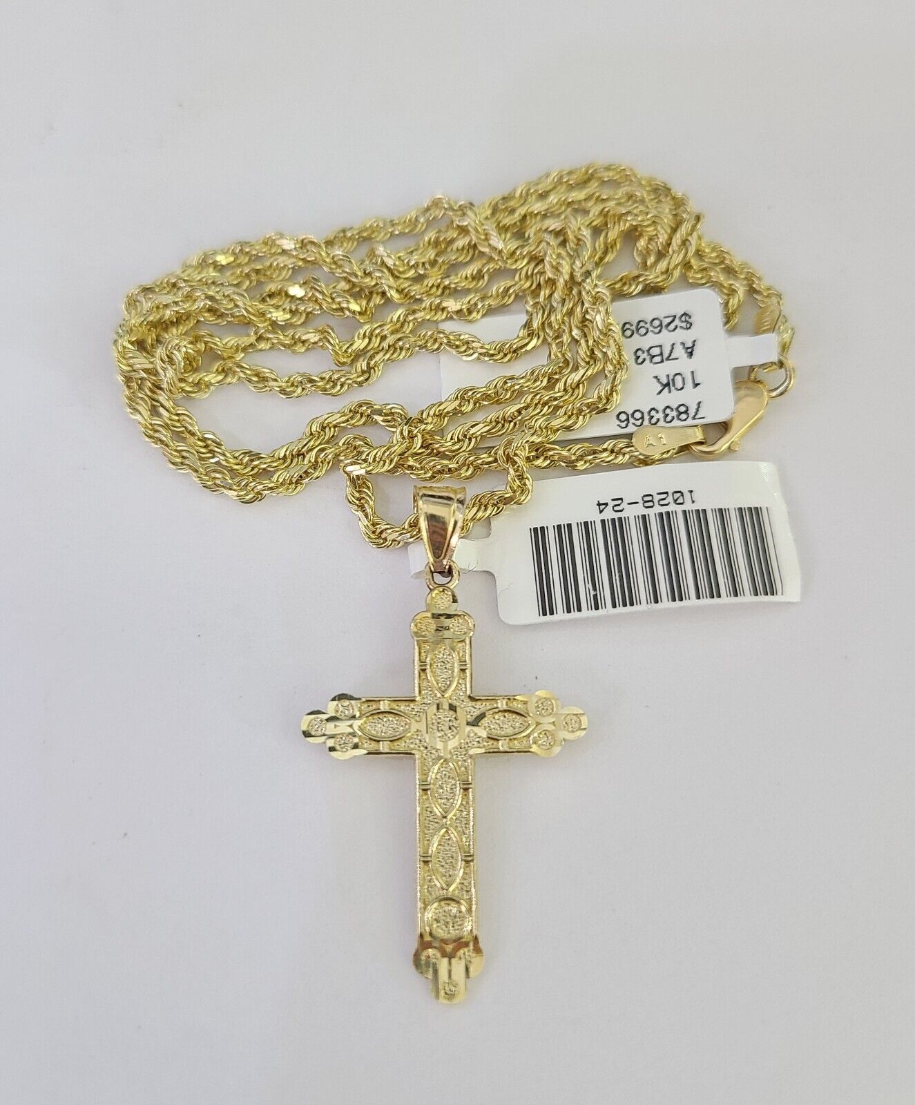 10k Solid Rope Chain 2mm Jesus Cross Pendant Charm Necklace SET 18-24 in