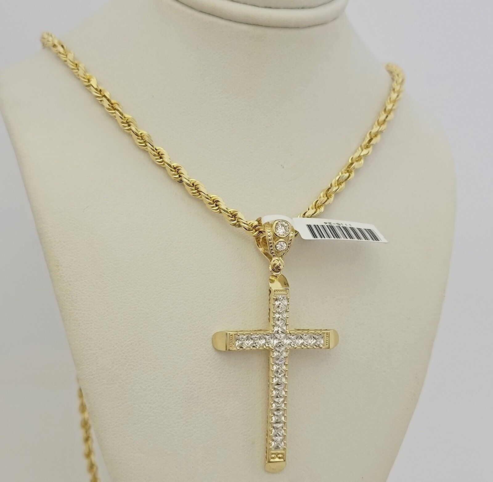 Real 10k Gold Chain Cross Charm Pendant Set Solid 4mm 22 Inch Rope Necklace Mens
