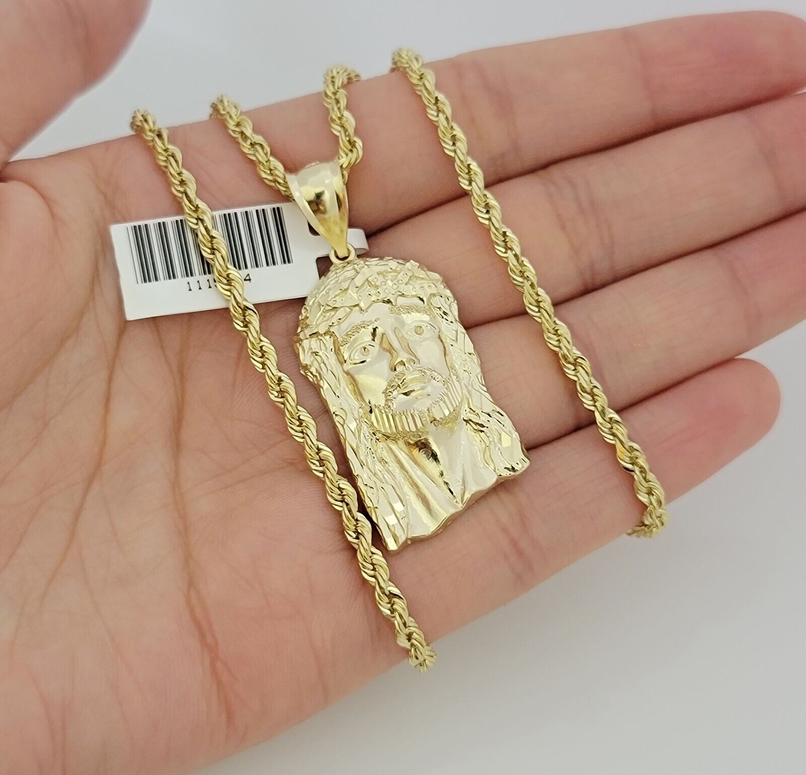 Real 10k Gold Rope Chain Jesus Face Charm Pendant Set 3mm Necklace 24 Inch SOLID