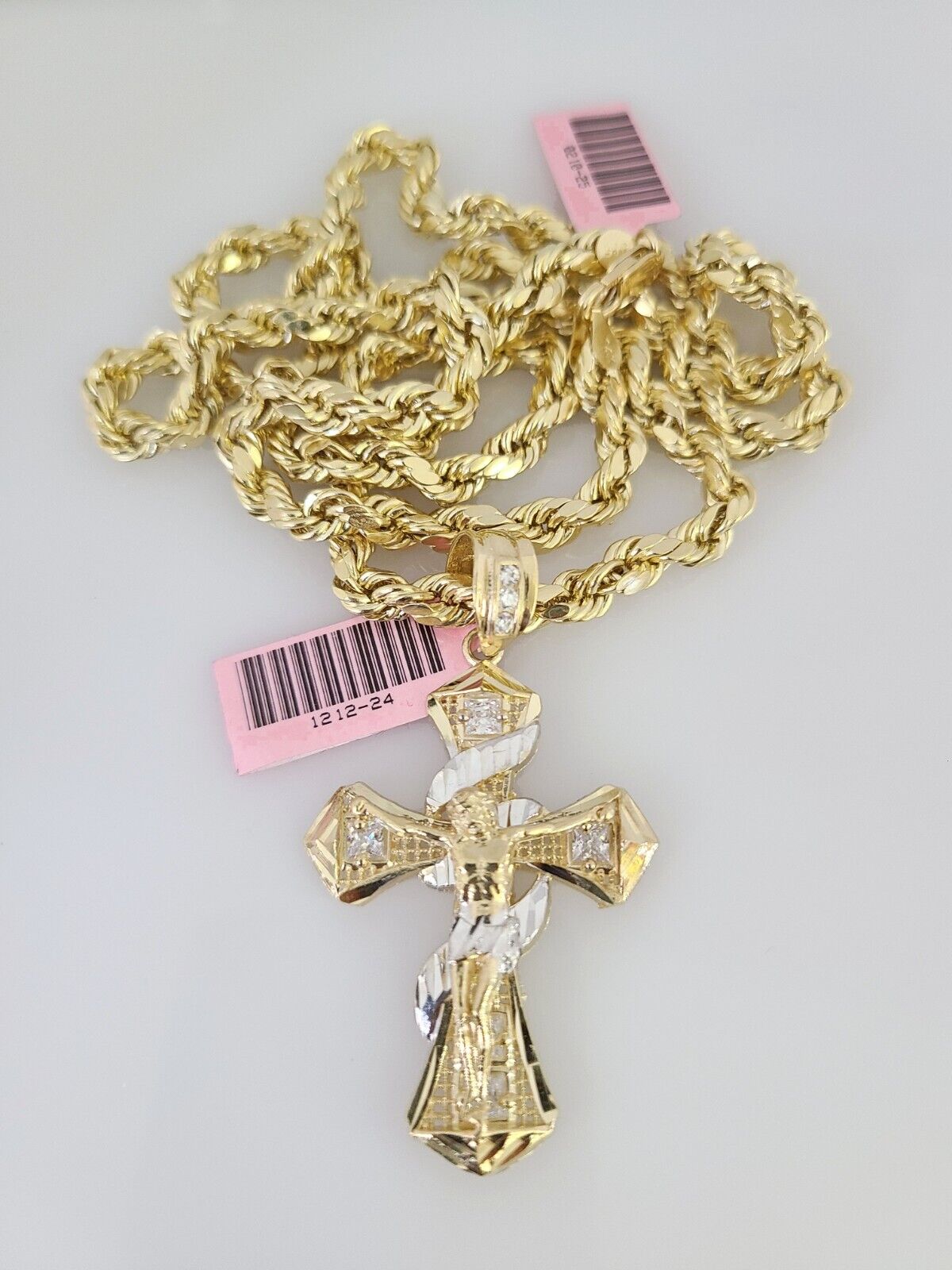 14k Gold Rope Chain Necklace Set 6mm Spiral Cross Charm Pendant 18"-28" inch