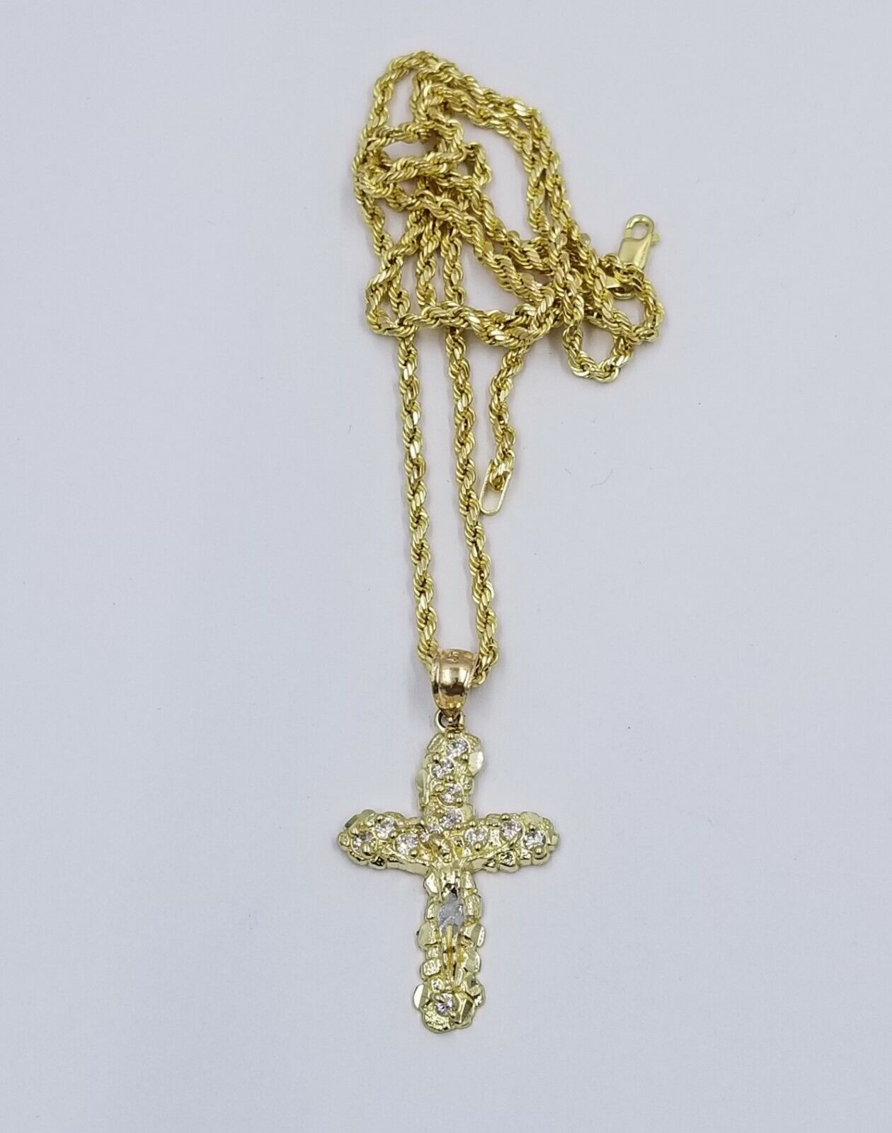10k Yellow Gold Crucifix Cross Jesus Pendant Rope Chain 18" 20" 22" 24" 26