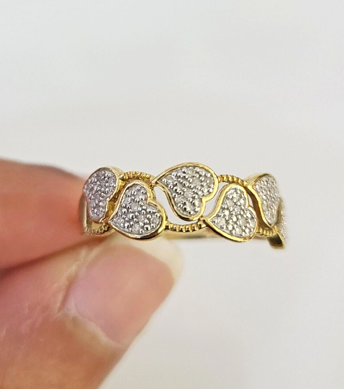 Real 10k Hearts Diamond Ladies Ring Women Casual 10Kt Yellow Gold All Sizes