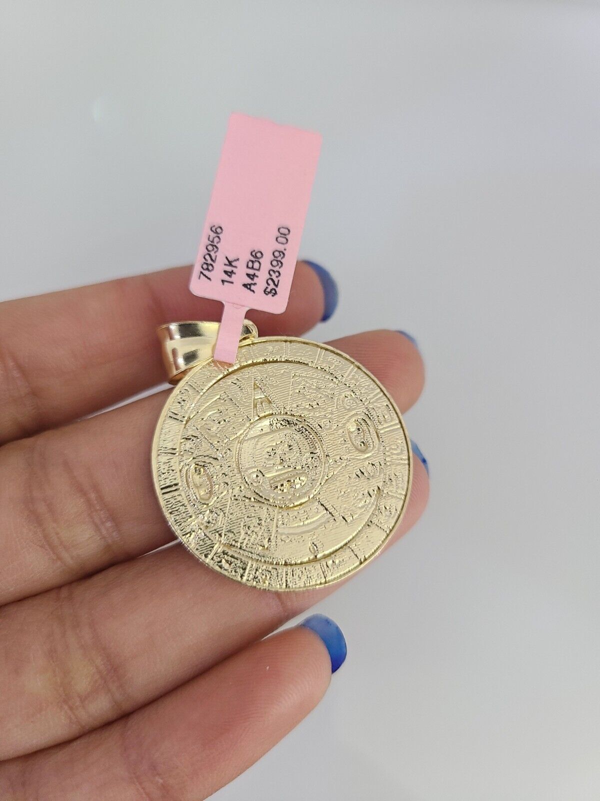 14k Gold Solid Chain Mayan Calendar Pendant Set 14kt Miami Cuban Link 3mm Charm