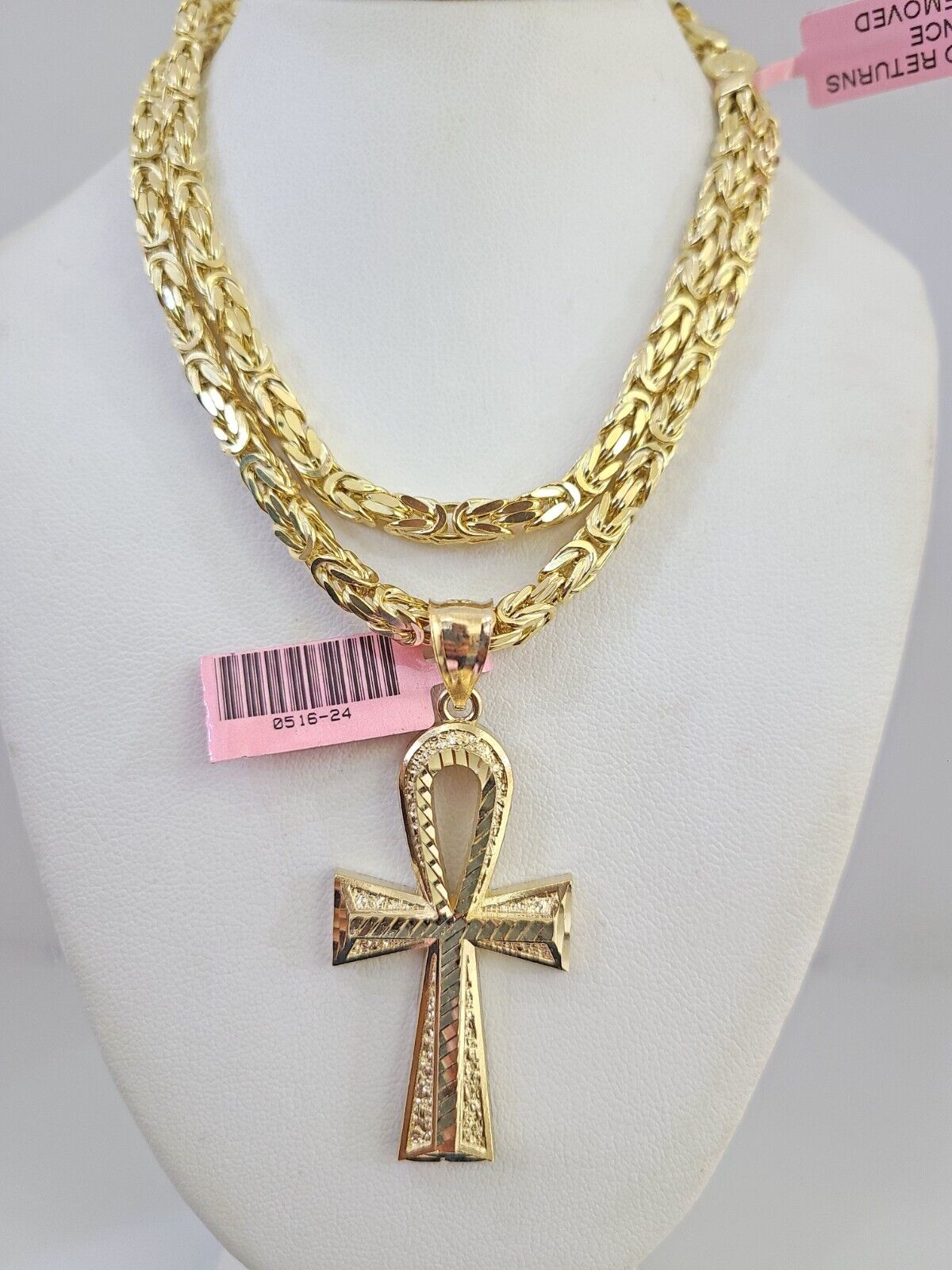 14K Gold Necklace Chain Jesus Ankh Cross Turkish Byzantine 4mm 24" Pendant