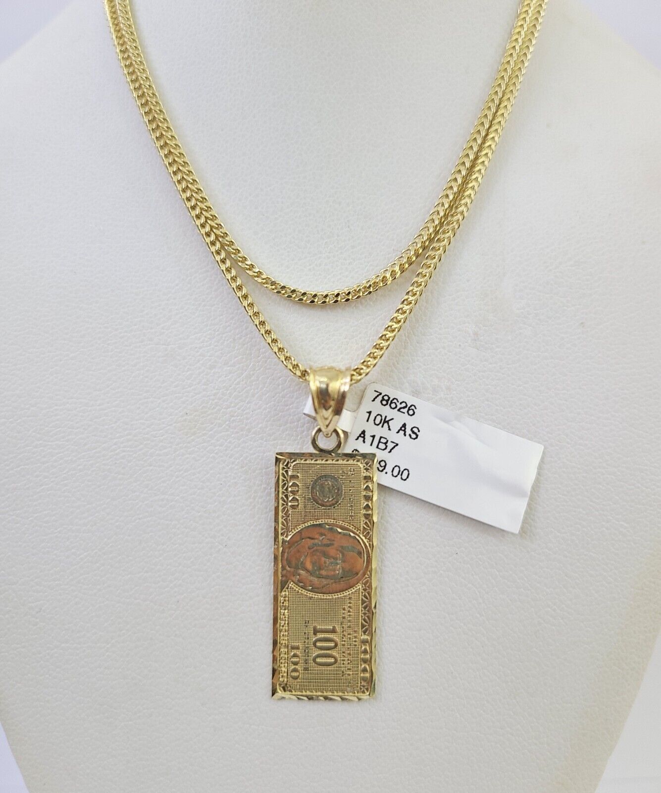 10K Franco Chain 100 Money Dollar Pendant Charm Necklace 16"-24" 2mm Gold SET