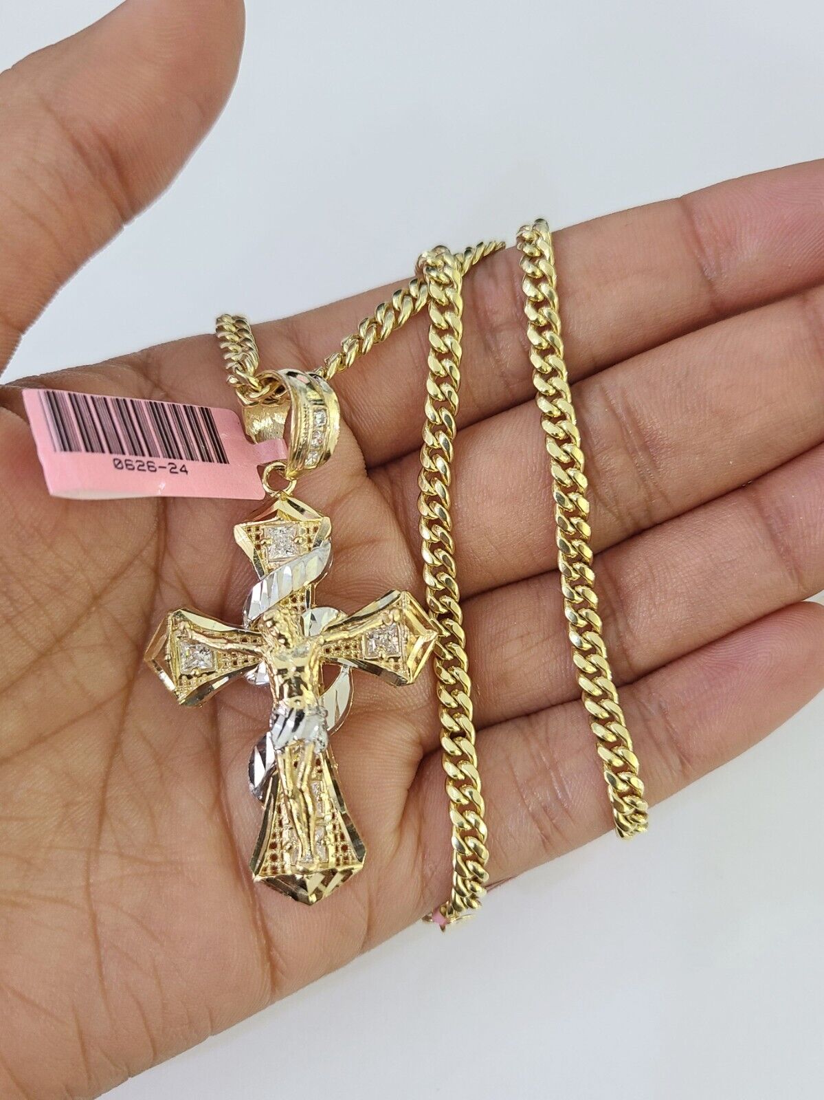 Real 14k Chain Cross Charm Set Miami Cuban Link 4mm Necklace Pendant 20"