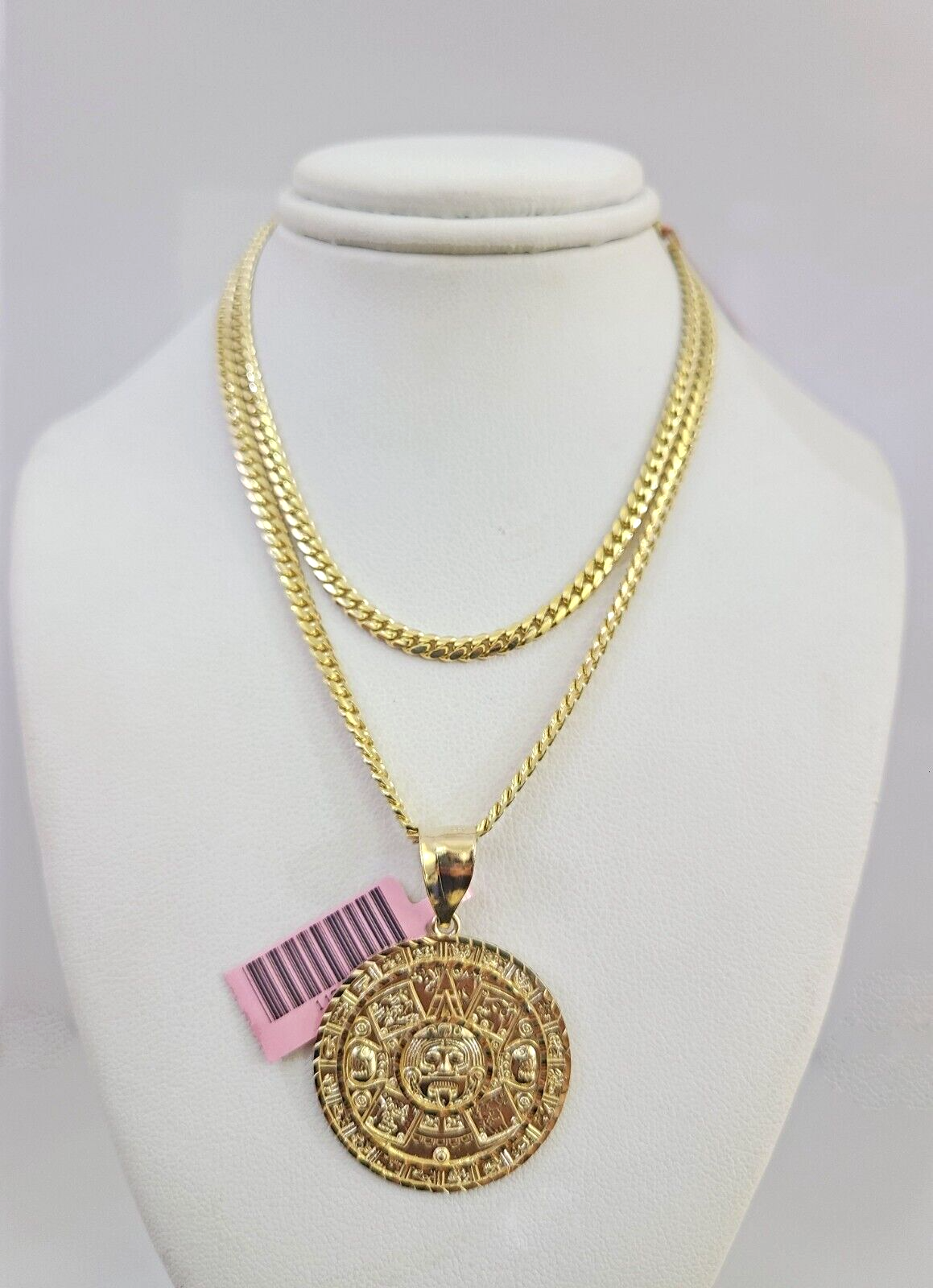 14k Gold Solid Chain Mayan Calendar Pendant Set 14kt Miami Cuban Link 3mm Charm