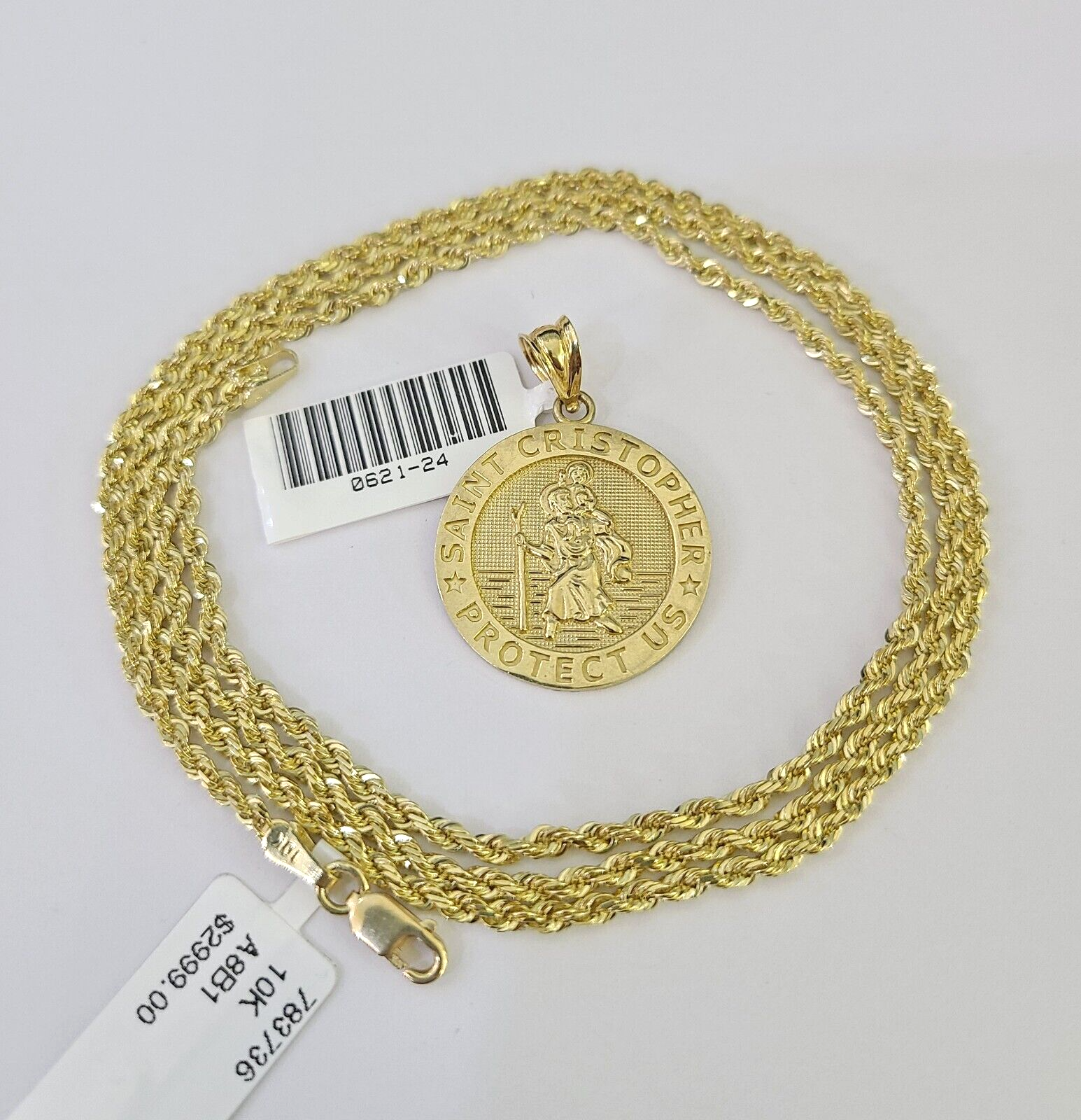 10k Solid Rope Chain 2mm Saint Cristopher Pendant Necklace SET 18-22 in Ladies