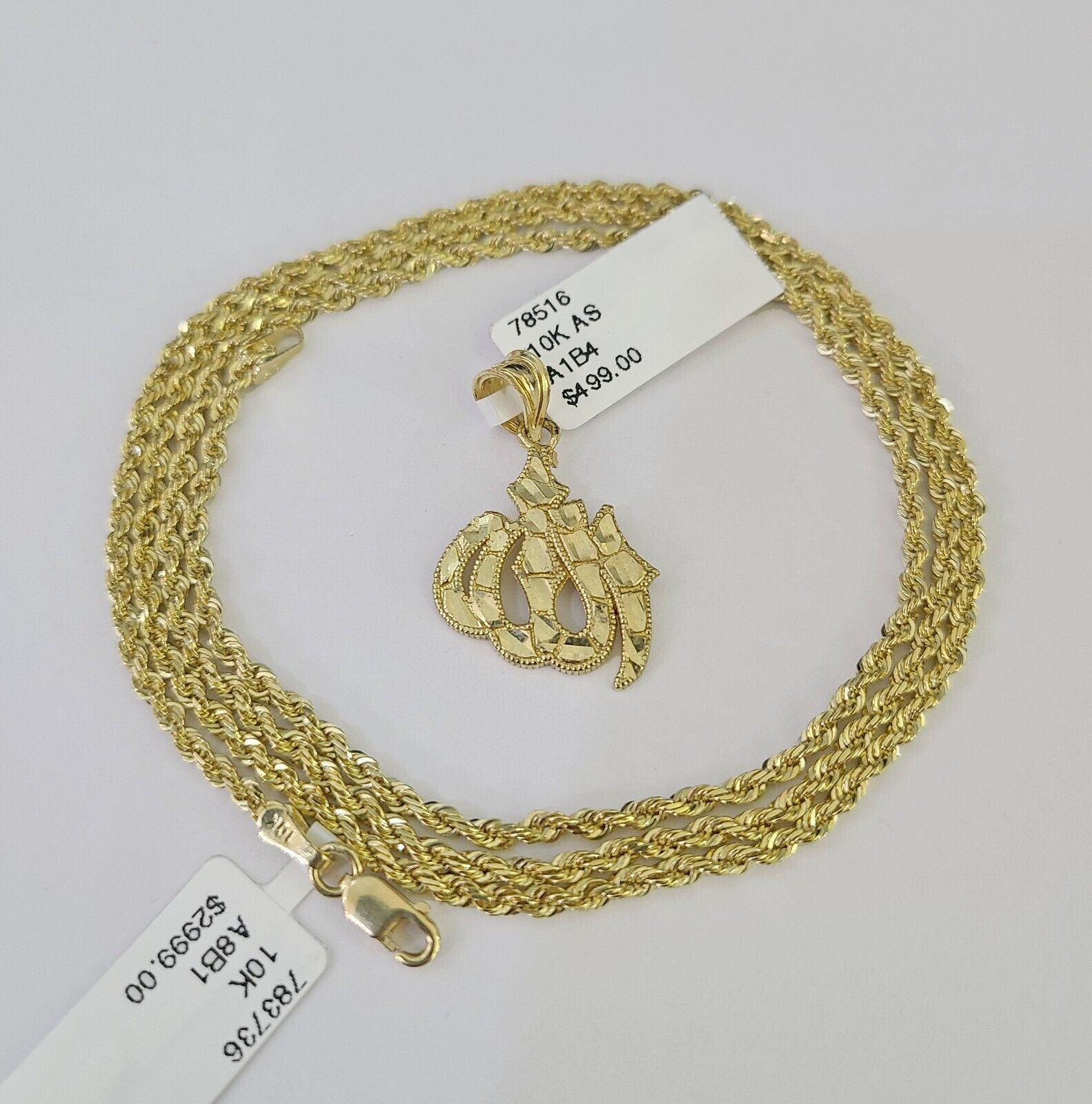 10k Solid Rope Chain 2mm Allah Pendant Charm Necklace SET 18-22" Ladies