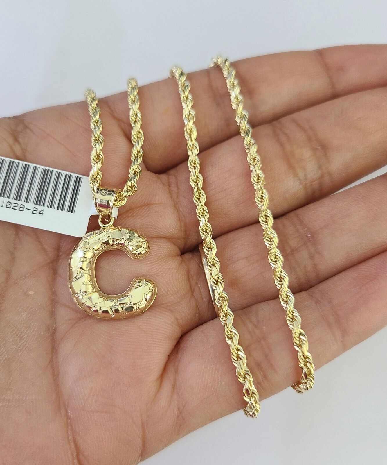 10k Gold Initial C Charm Rope Chain 16"-26" 2.5mm SET Necklace Alphabet Pendant