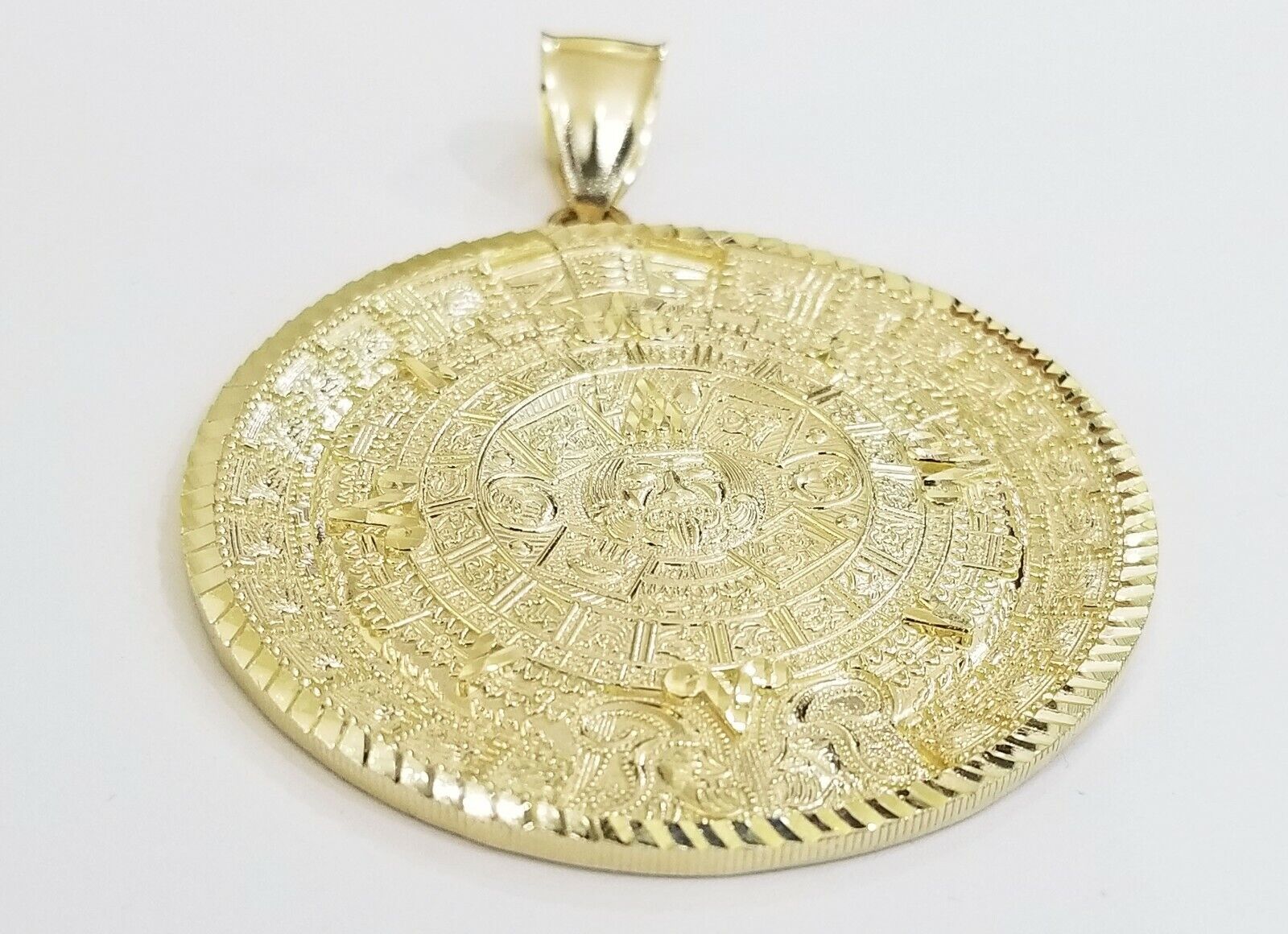 10k Real Gold Aztec Calendar Pendant Charm 3mm 20" 22" 24" Franco Chain