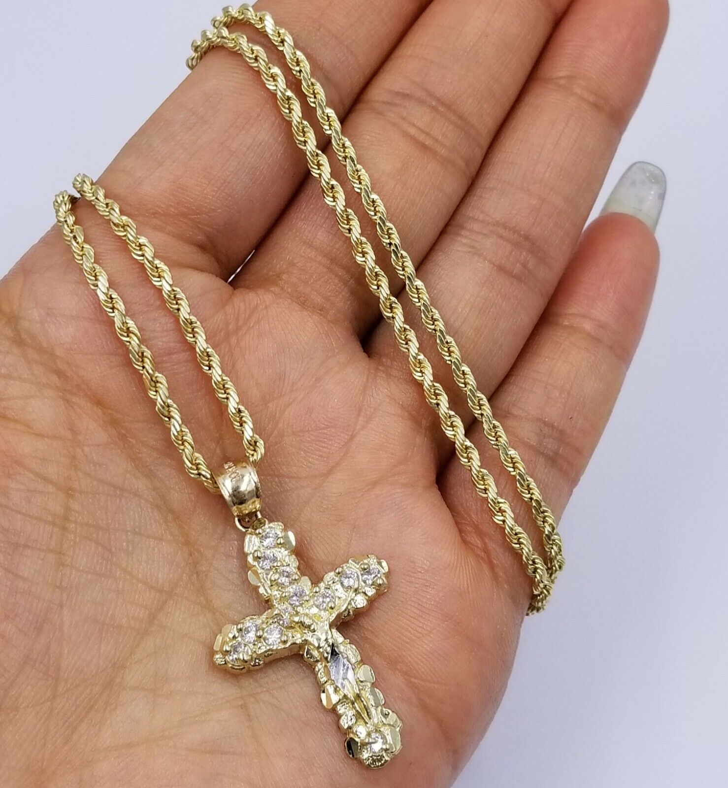 10k Yellow Gold Crucifix Cross Jesus Pendant Rope Chain 18" 20" 22" 24" 26