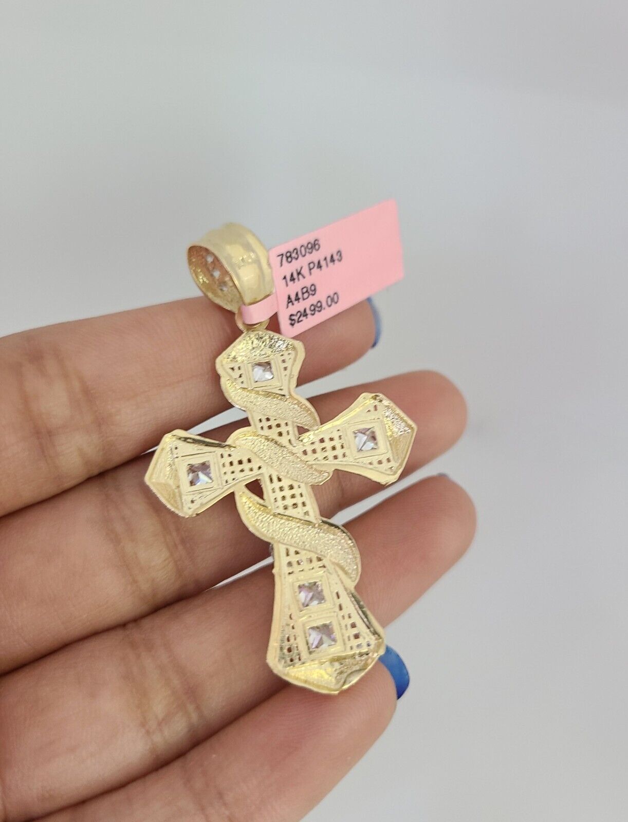 14k Gold Solid Chain Spiral Cross Pendant Set 14kt Miami Cuban Link 3mm Charm