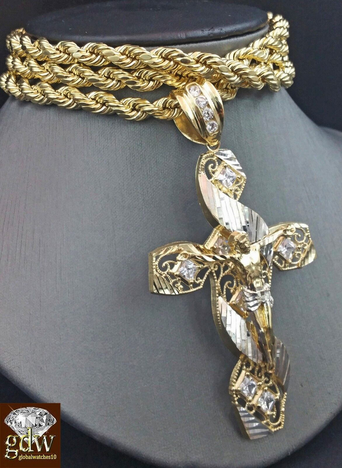 Real 10K Yellow Gold 28" Inch Rope Chain with Jesus Cross Charm Pendant Men