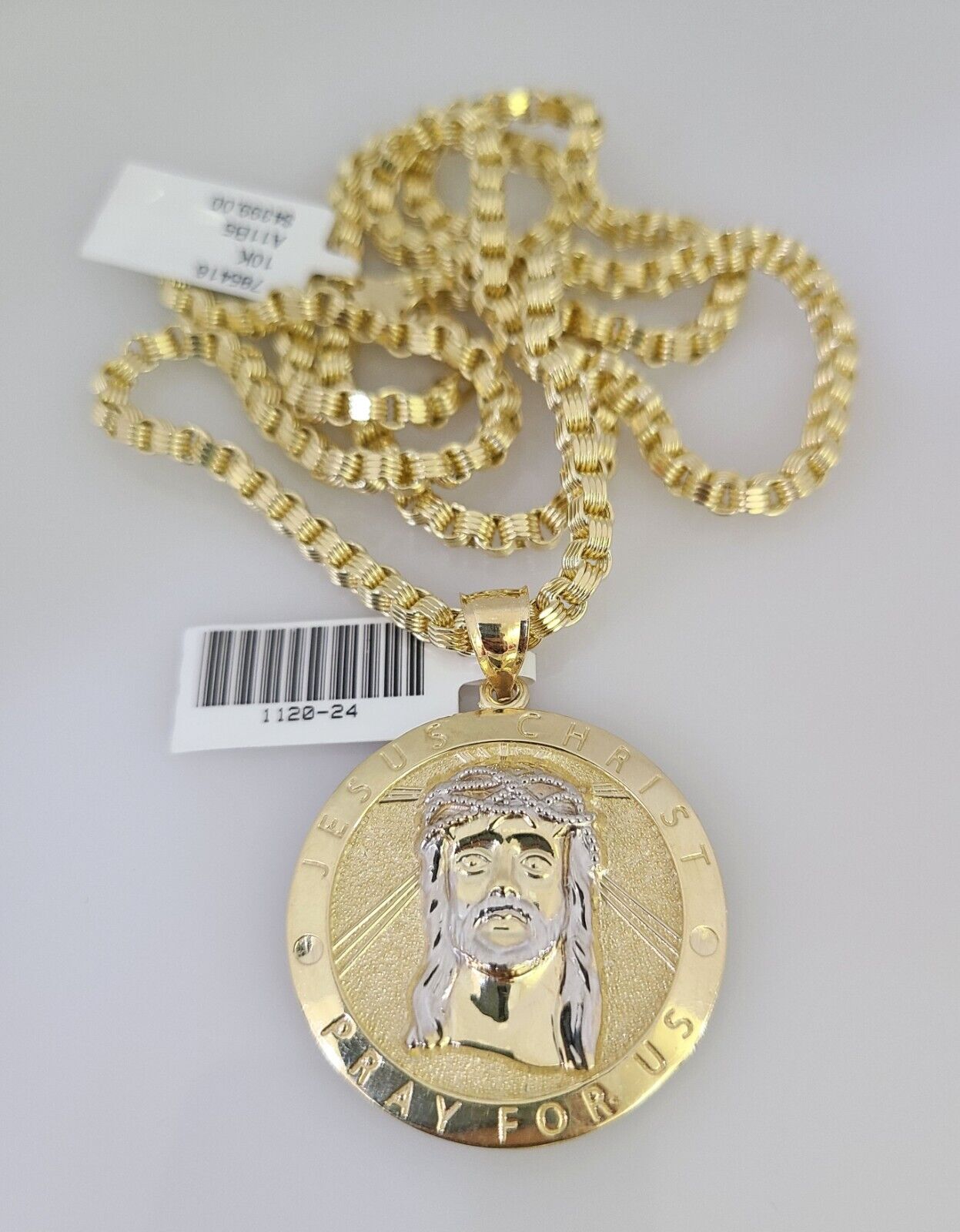 Real 10k Gold Byzantine Chain Jesus Charm Pendant SET 3mm 26 Inch Mens Necklace