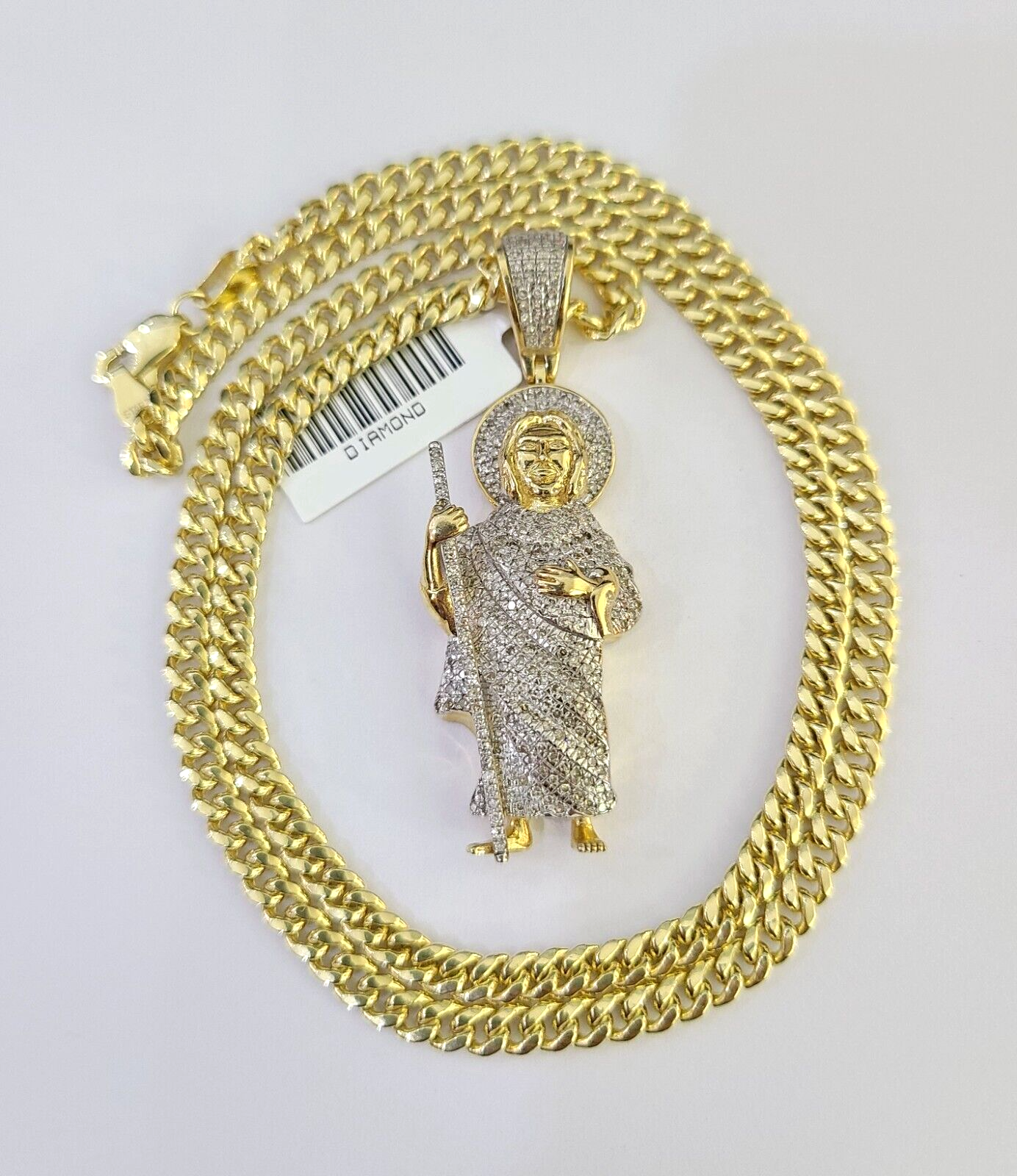 10k Miami Cuban Chain Diamond Saint Jude Charm Set 4mm 18"-28" Necklace Gold